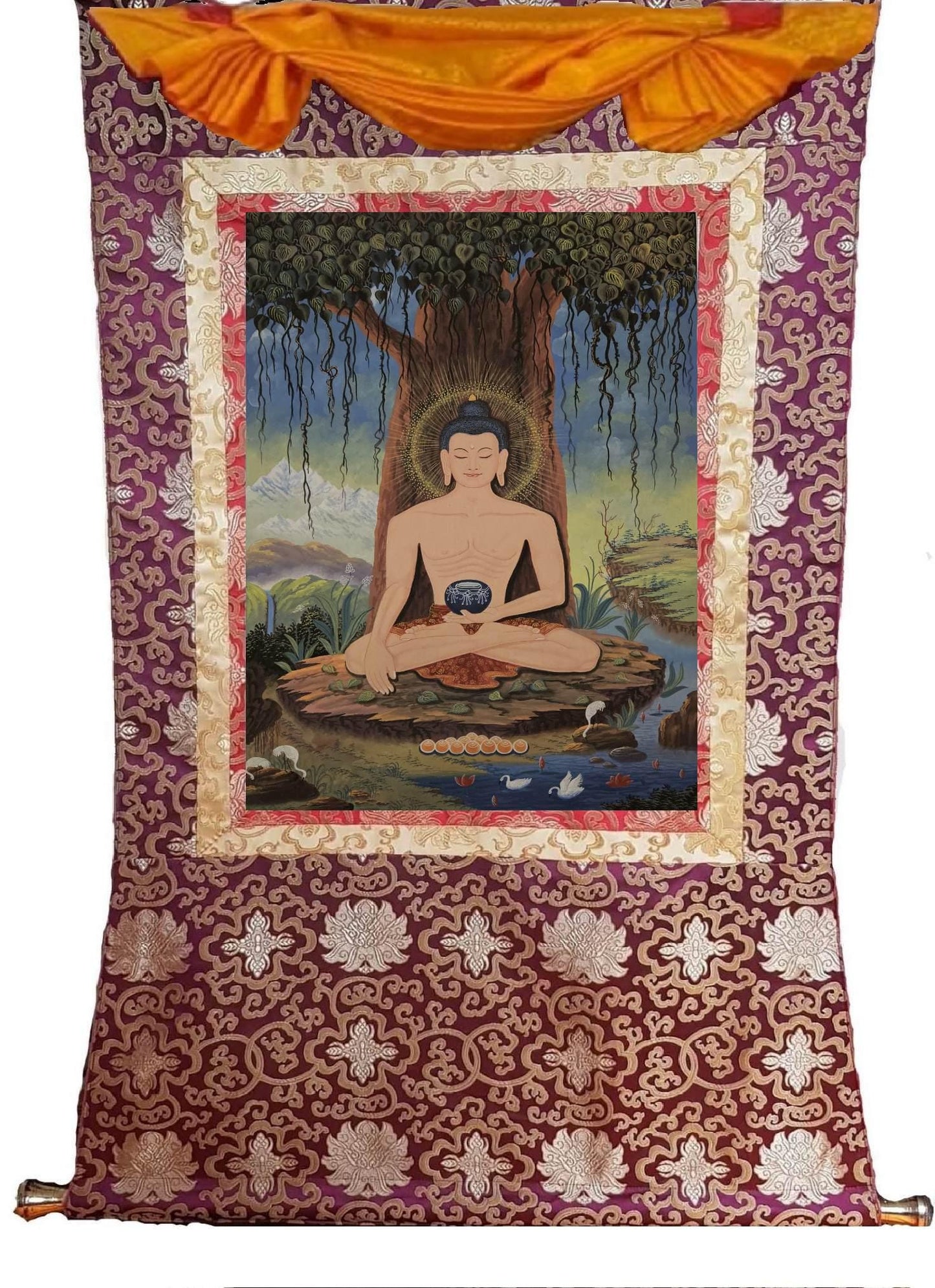 382. Newari Style Fasting Shakyamuni Buddha Thangka (Thanka). Free Brocade / Free Shipping.