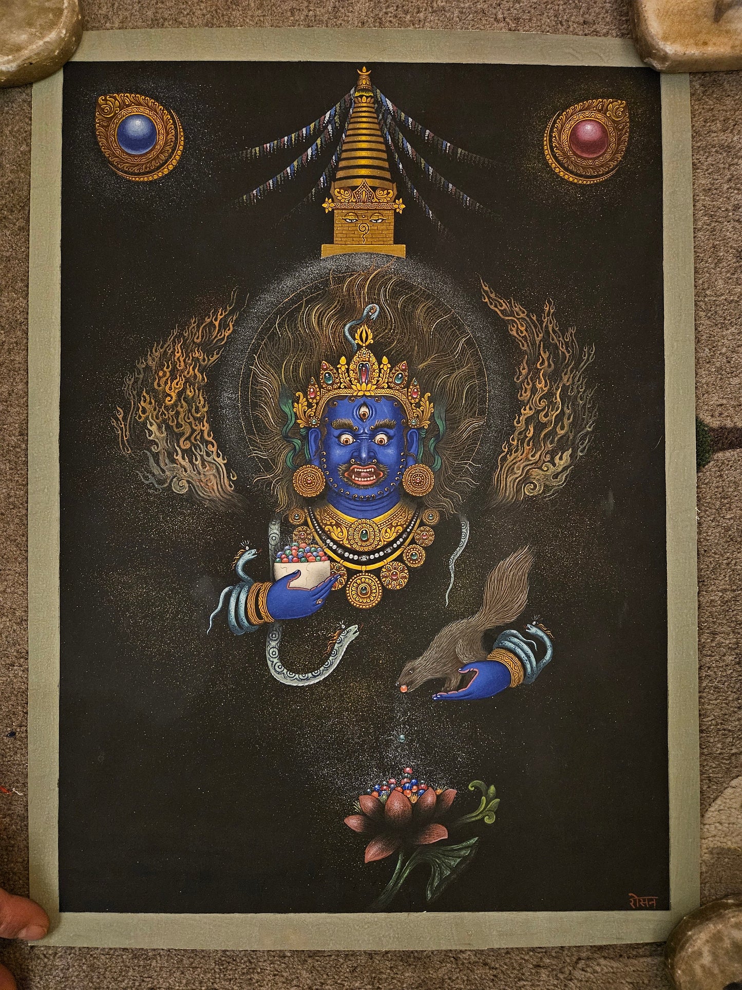 307. Black Jambhala or Dzambhala Newari Style Art Painting Paubha. Signed by the Artist. Free Shipping.