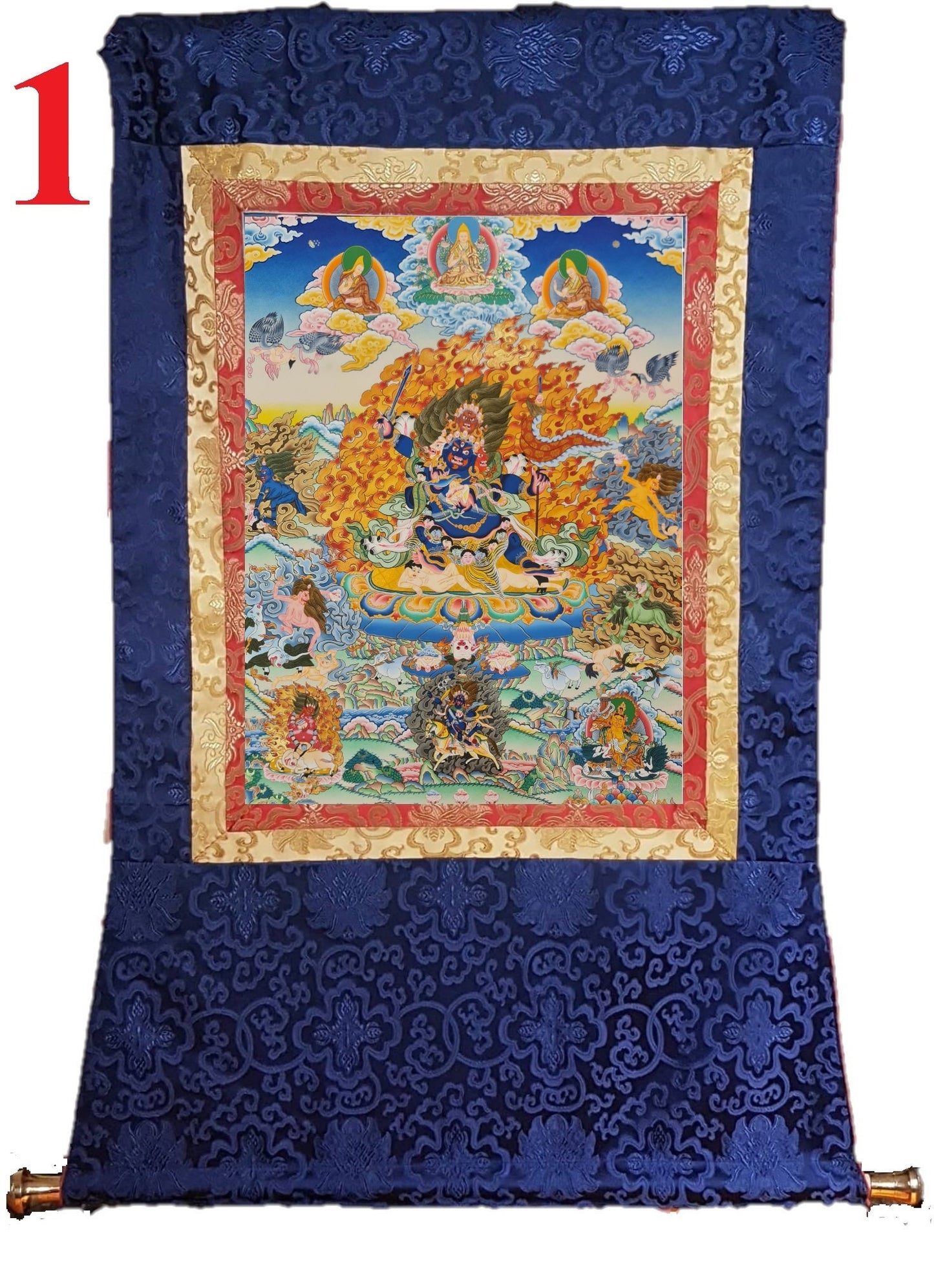 282. Gelug (Gelupa) Four Faced Mahakala (Great Black One) Thanka (Thangka). Free Brocade / Free Shipping.