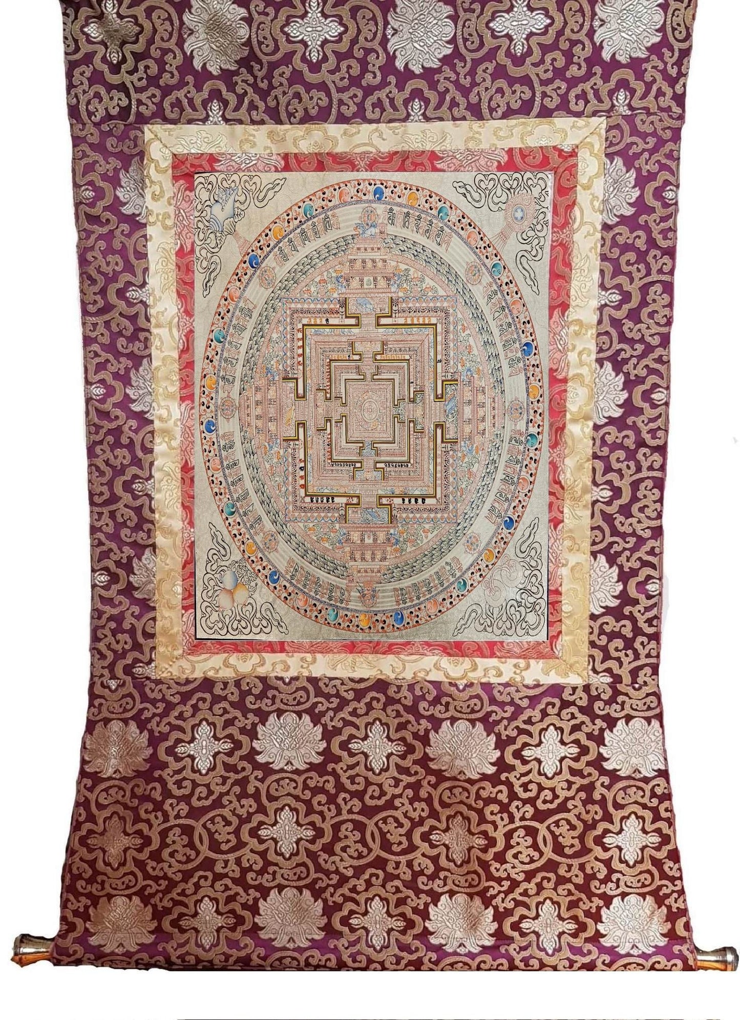 341. Silver Kalachakra Mandala Thangka (Thanka). Free Brocade / Free Shipping.