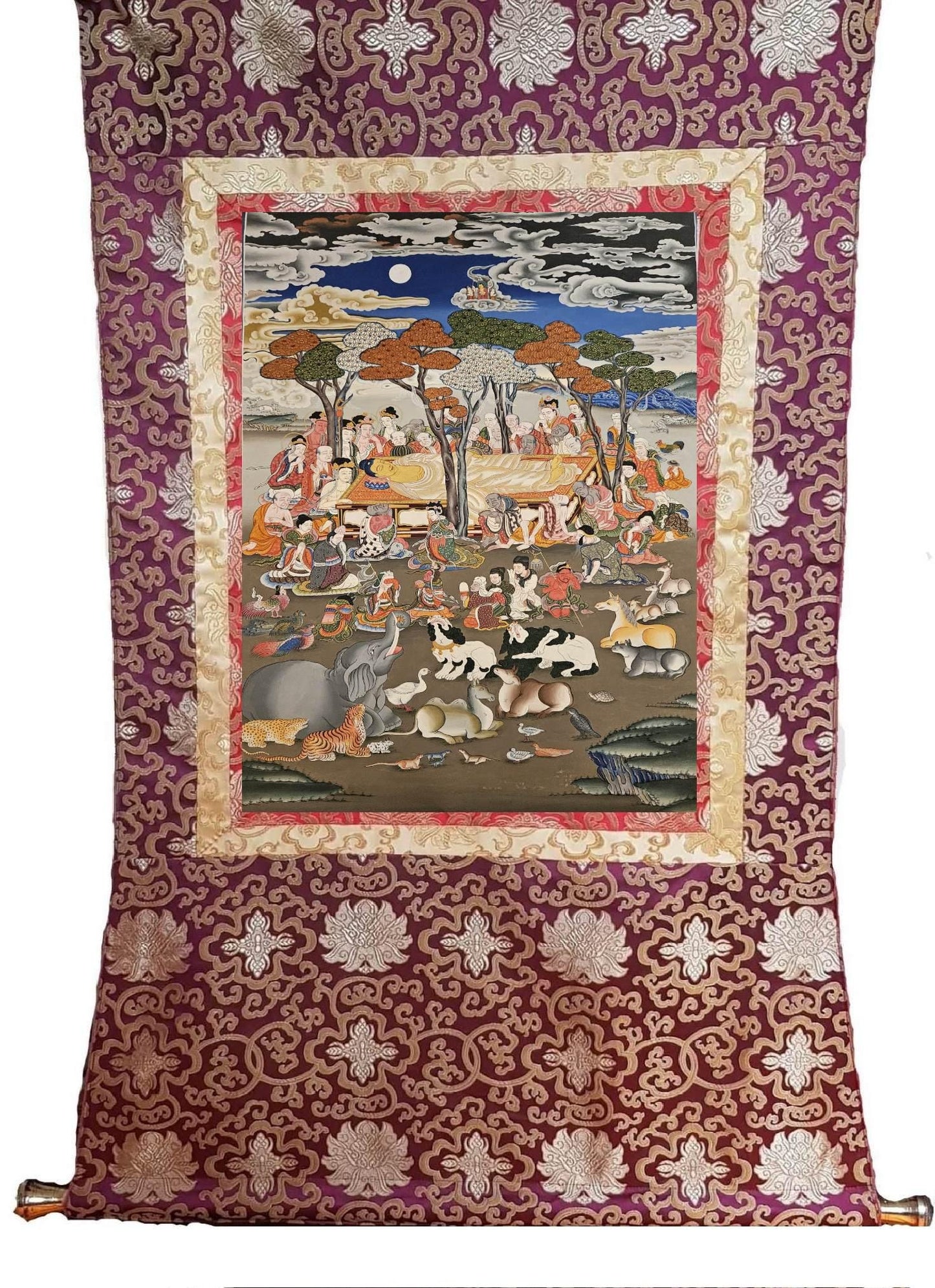 281. The Passage of Shakyamuni Buddha into Nirvana Thanka (Thangka). Free Brocade / Free Shipping.