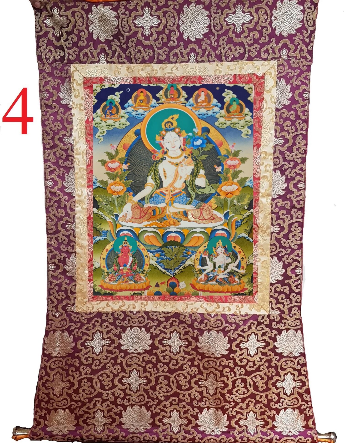 259. Large White Tara Thangka (Thanka). Free Brocade / Free Shipping.
