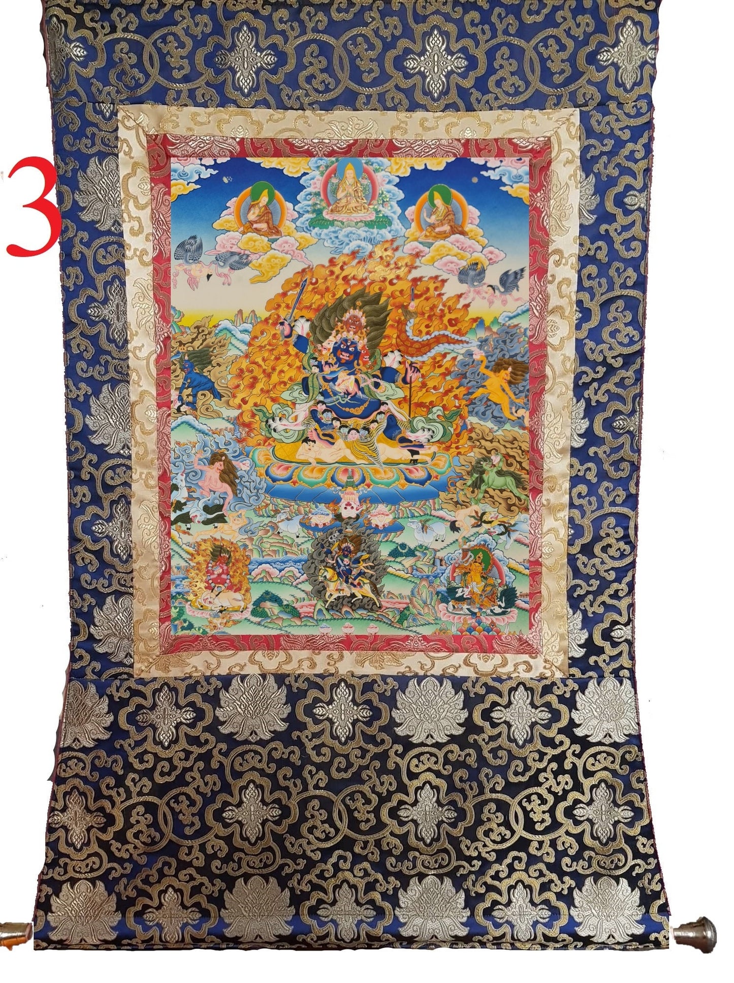 282. Gelug (Gelupa) Four Faced Mahakala (Great Black One) Thanka (Thangka). Free Brocade / Free Shipping.