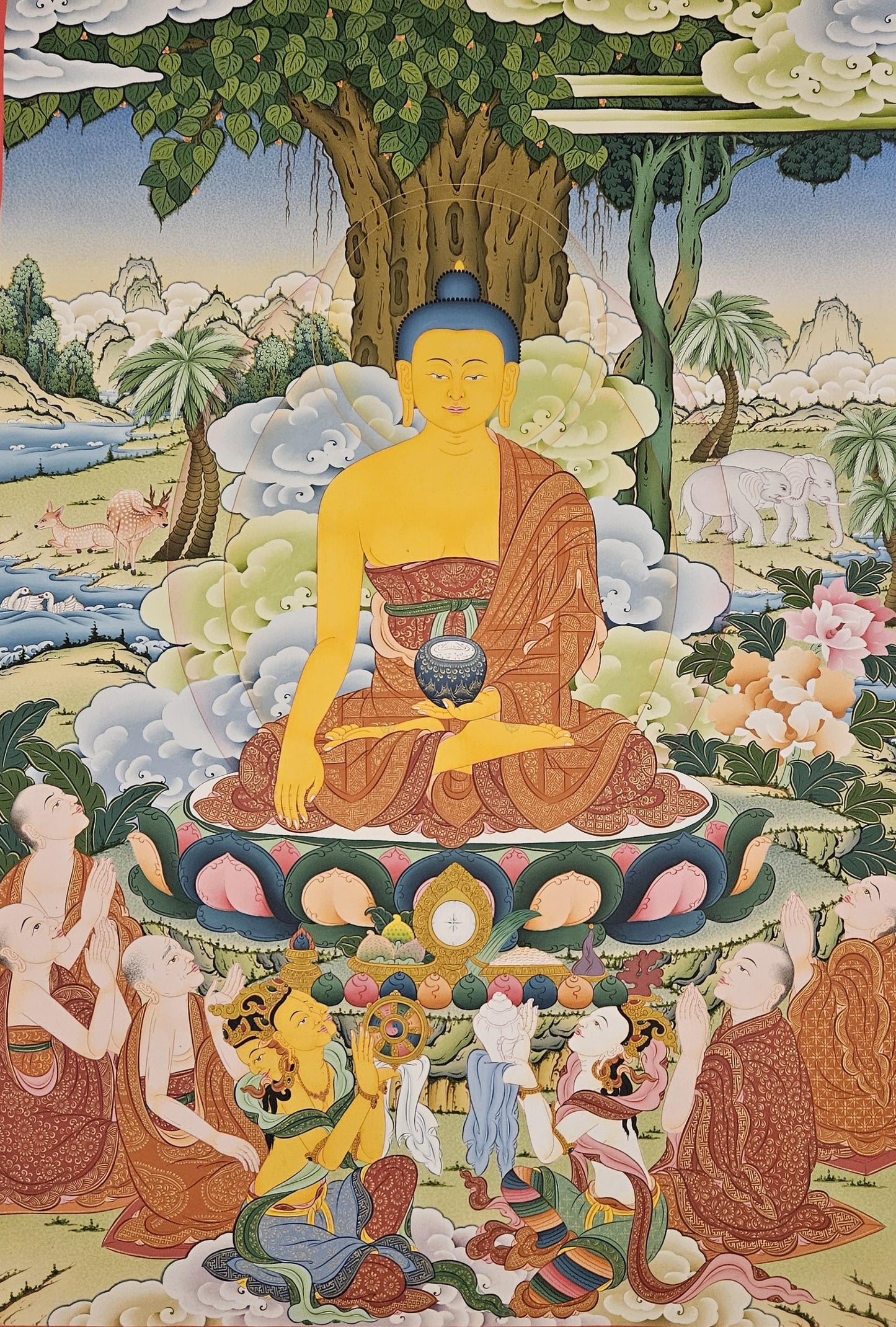 321. Five Monk Teaching with Shakyamuni Buddha (Thangka). Free Brocade / Free Shipping.