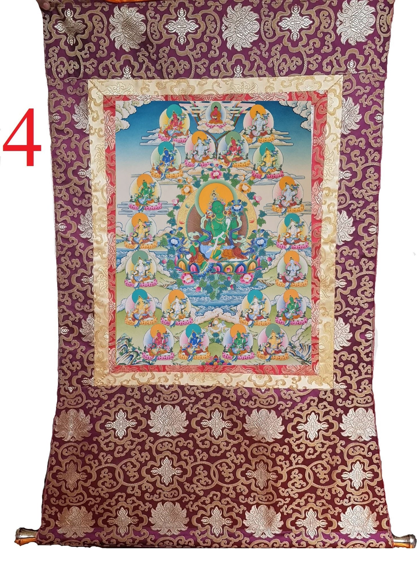 188. Green Tara with 21 Tara Thangka (Thanka). Free Brocade / Free Shipping.