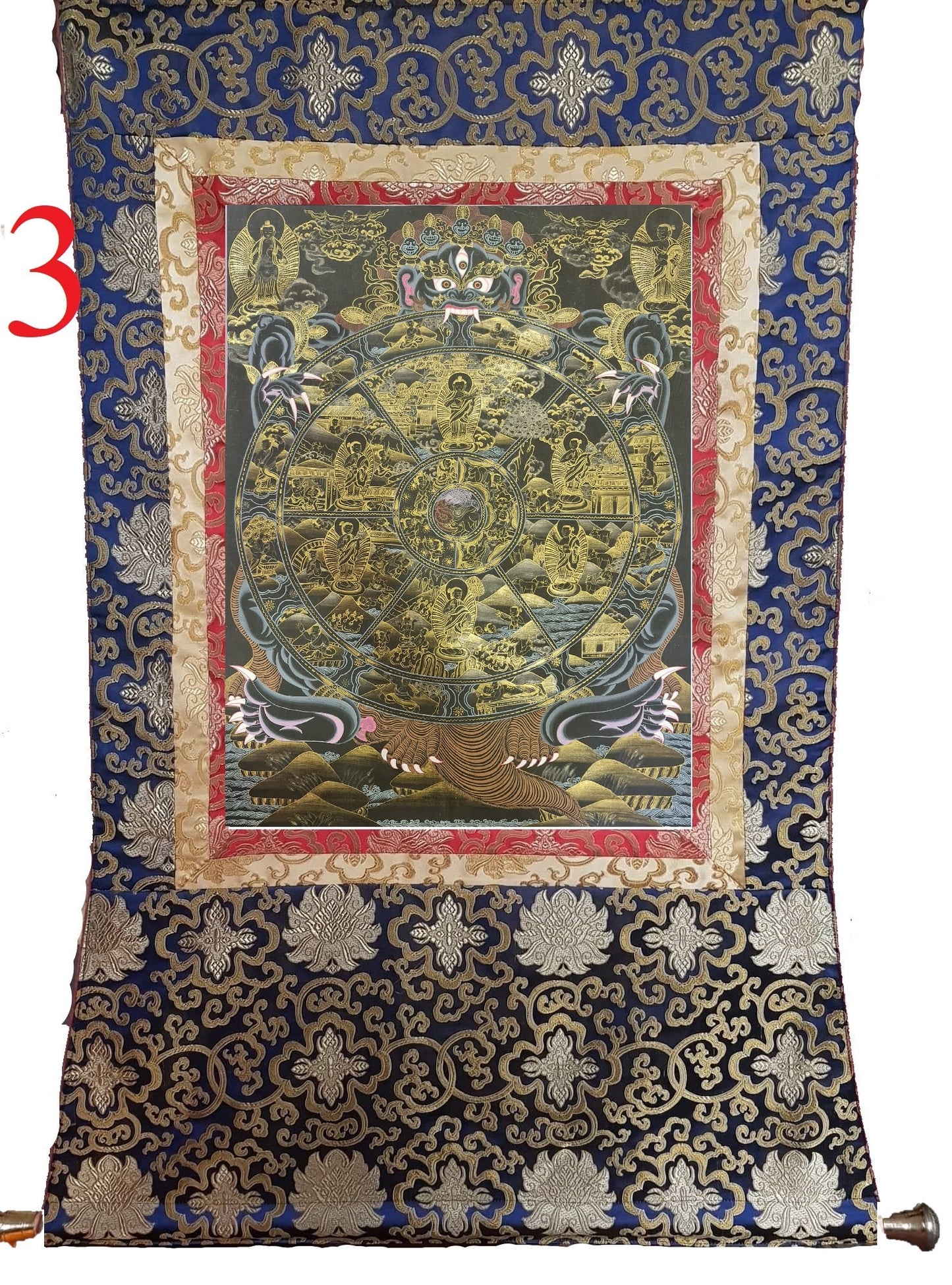 60. 15 Years Old Wheel of Life (Samsara) Thangka (Thanka) Painting with 24 K Gold. Free Brocade / Free Shipping.