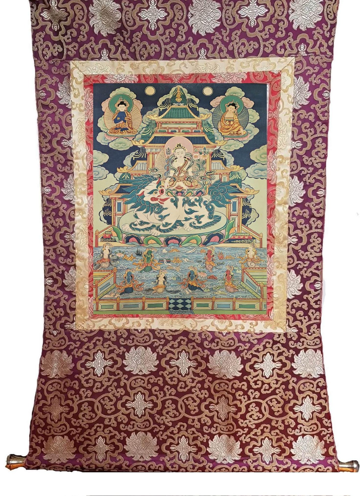 369. Simhanada Avalokiteshvara (Singhenath) (Lokeshwor) Thangka (Thanka). Free Brocade / Free Shipping.