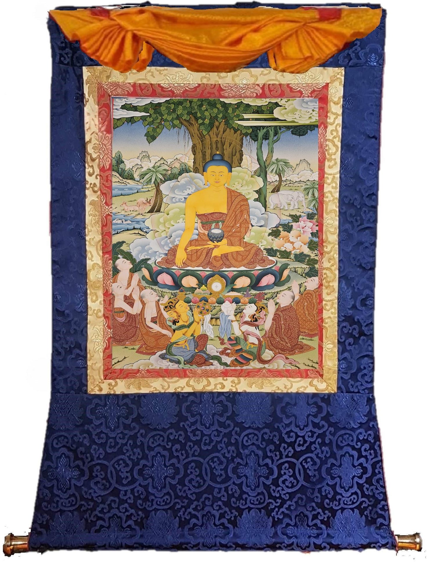 321. Five Monk Teaching with Shakyamuni Buddha (Thangka). Free Brocade / Free Shipping.