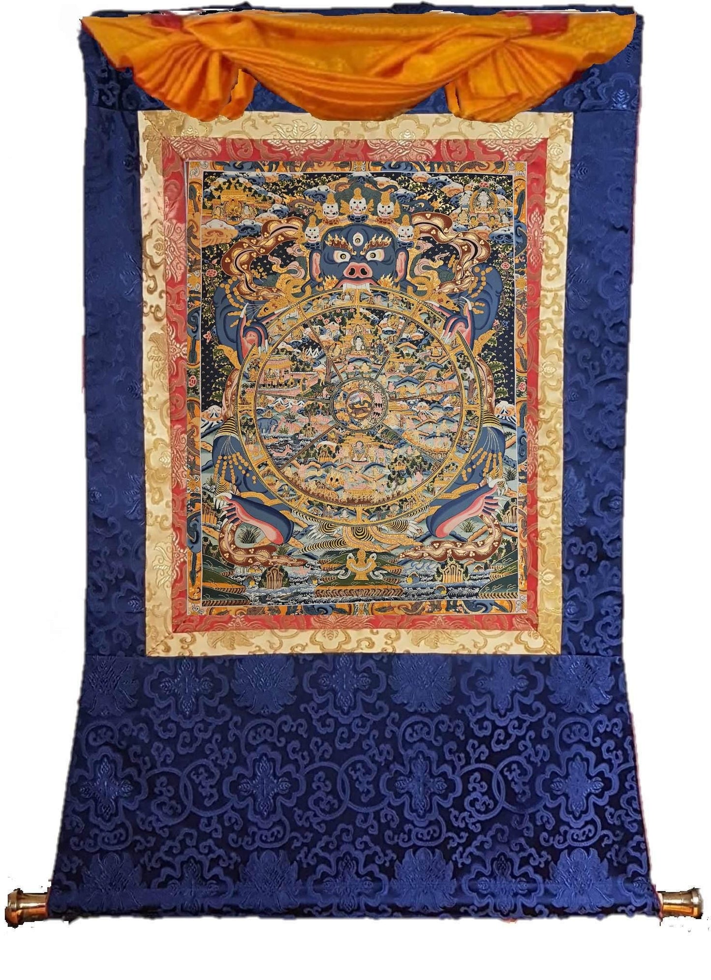 379. Large Wheel of Life (Samsara) Thangka (Thanka). Free Brocade / Free Shipping.