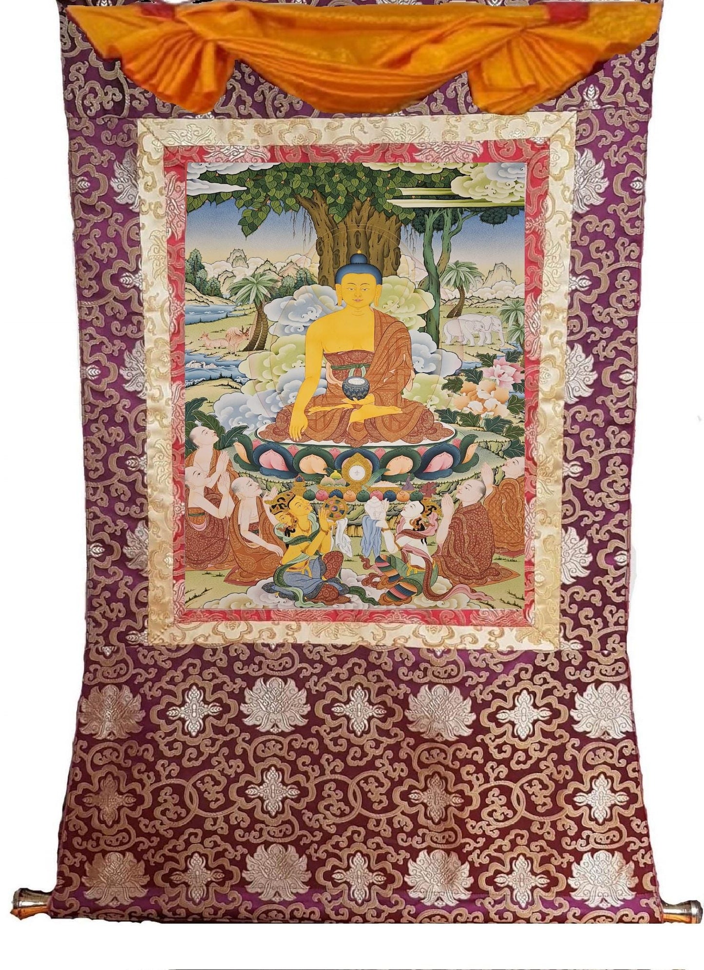 321. Five Monk Teaching with Shakyamuni Buddha (Thangka). Free Brocade / Free Shipping.
