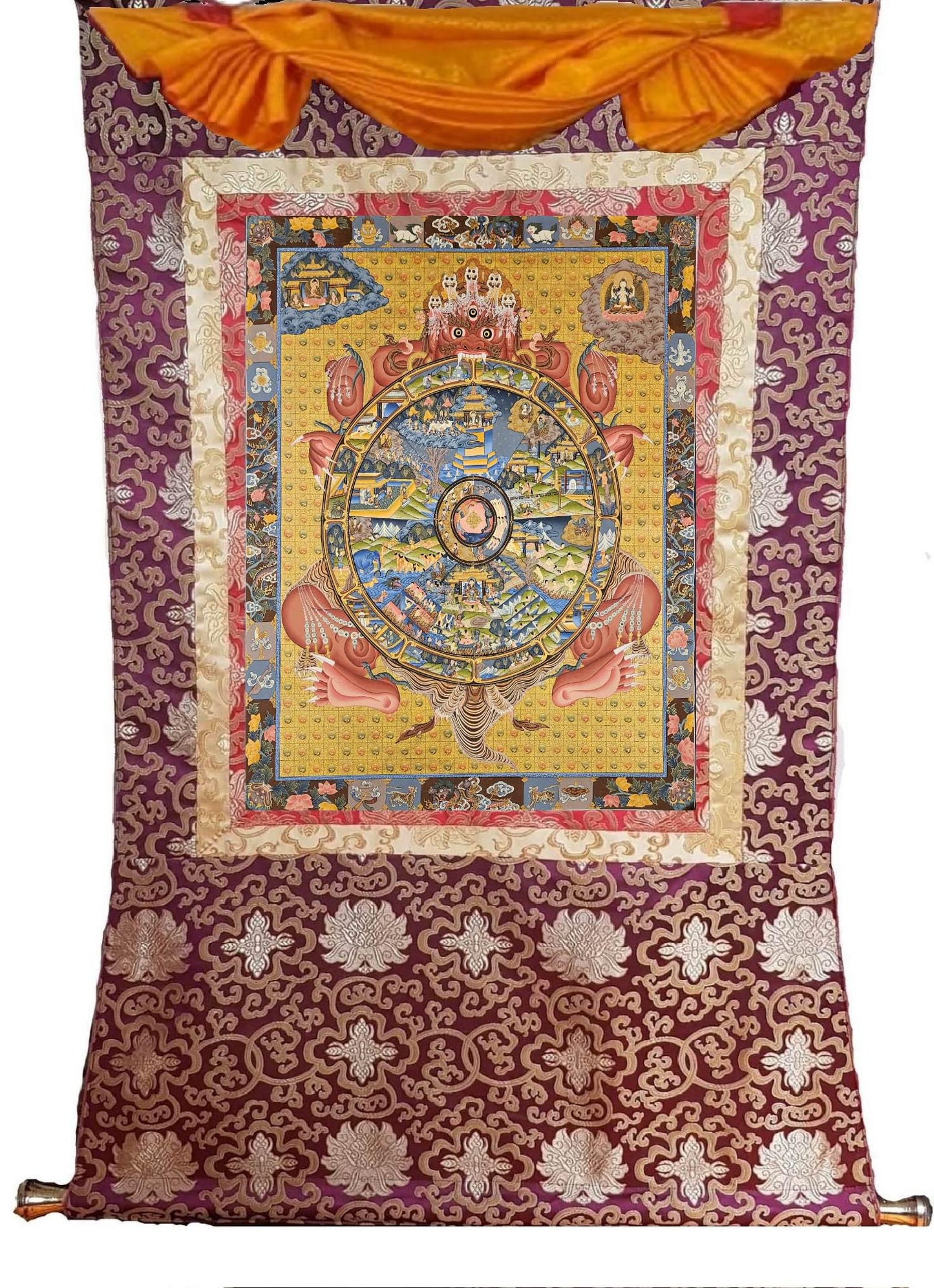 384. 20 Year Old Wheel of Life (Samsara) Thangka (Thanka). Free Brocade / Free Shipping.