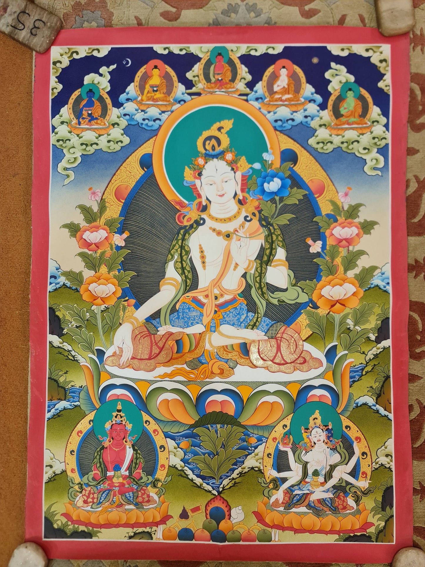 259. Large White Tara Thangka (Thanka). Free Brocade / Free Shipping.