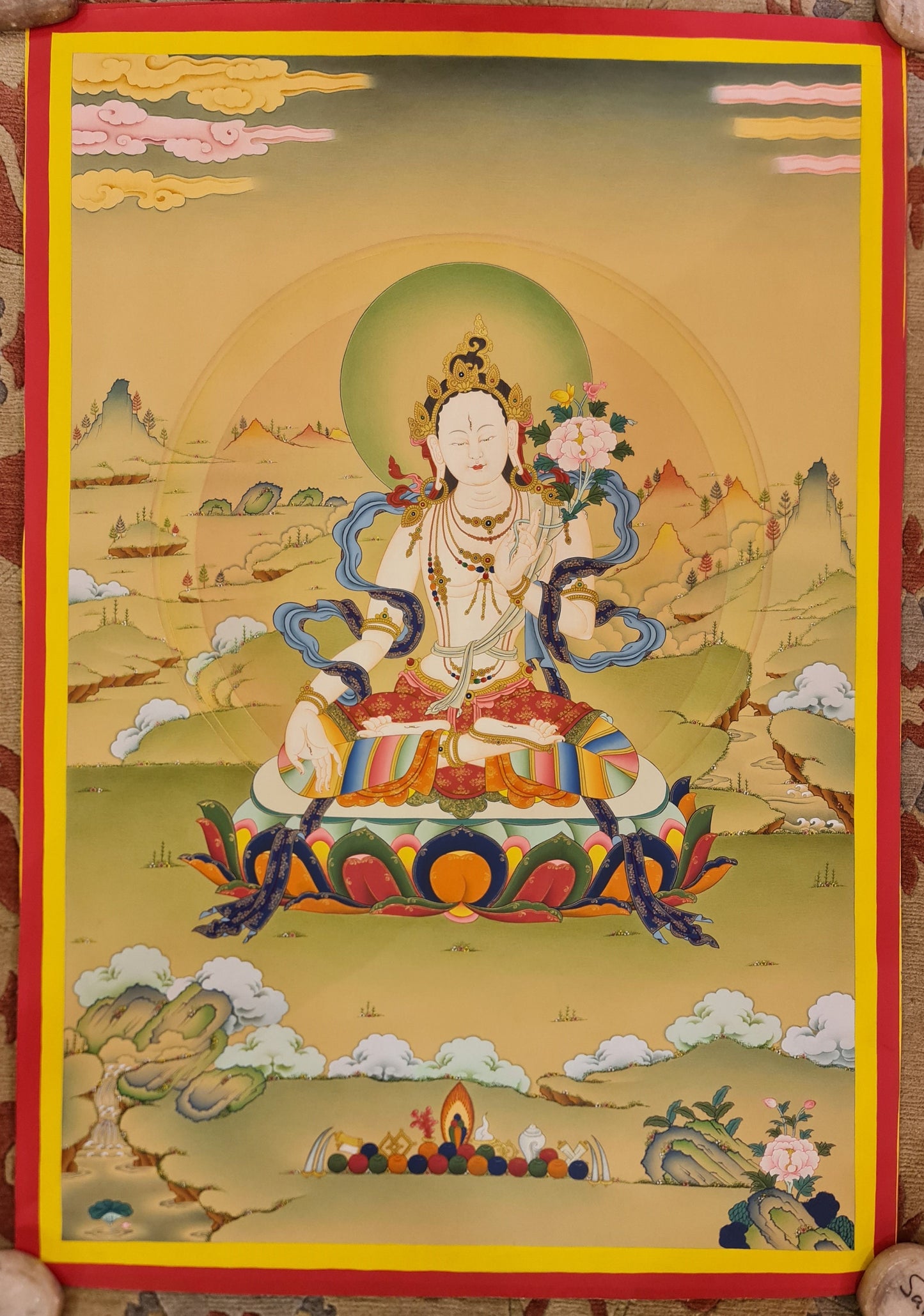 270. Karma Gadri White Tara Thangka (Thanka). Free Brocade / Free Shipping.