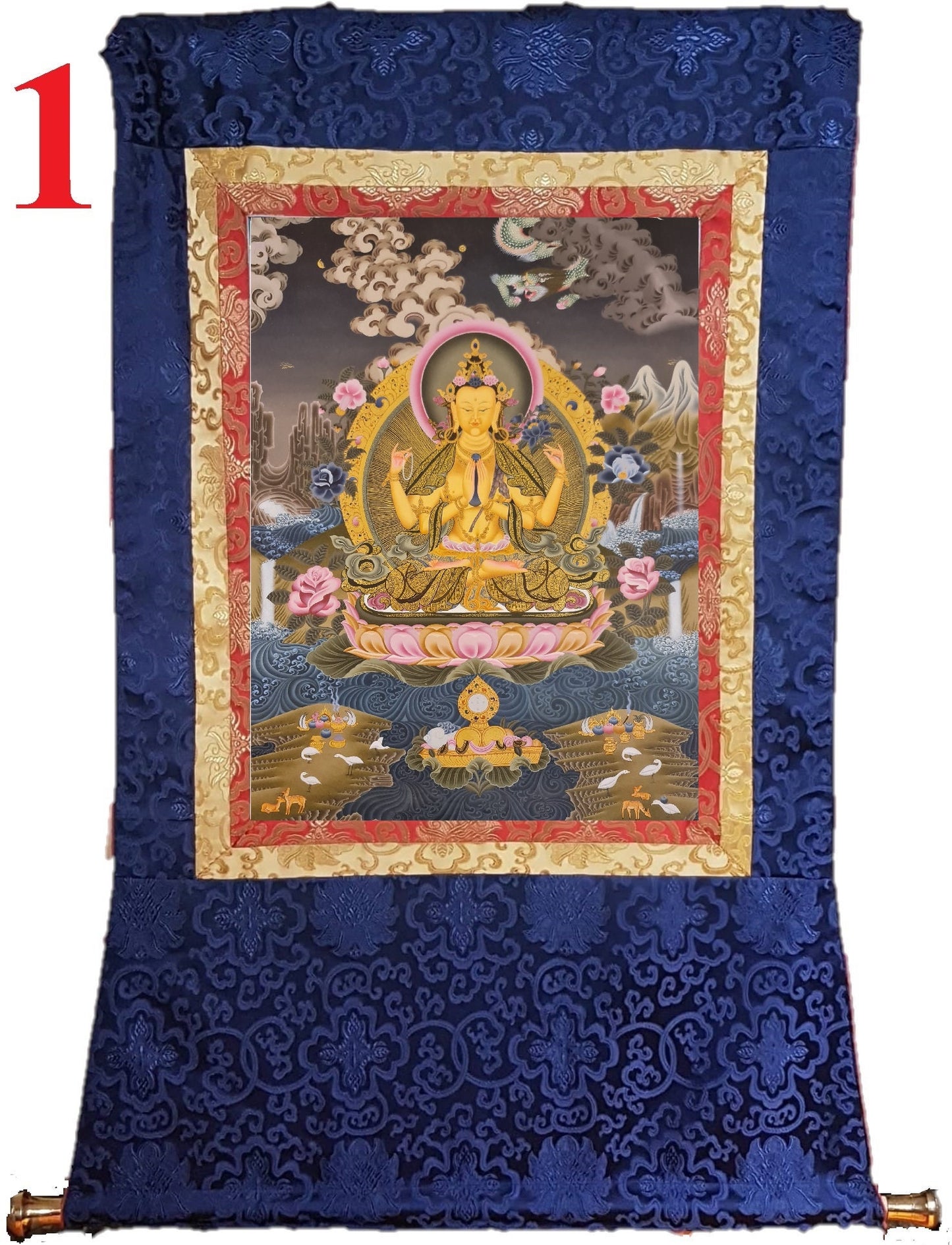 196. Chenrezig Thangka (Thanka). Free Brocade / Free Shipping.