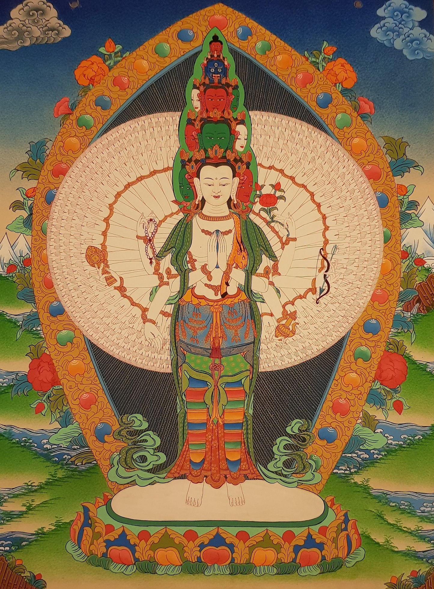 35. 1000 (Thousand) Arm Chenrezig Avalokiteshvara Thangka (Thanka). Free Brocade / Free Shipping.