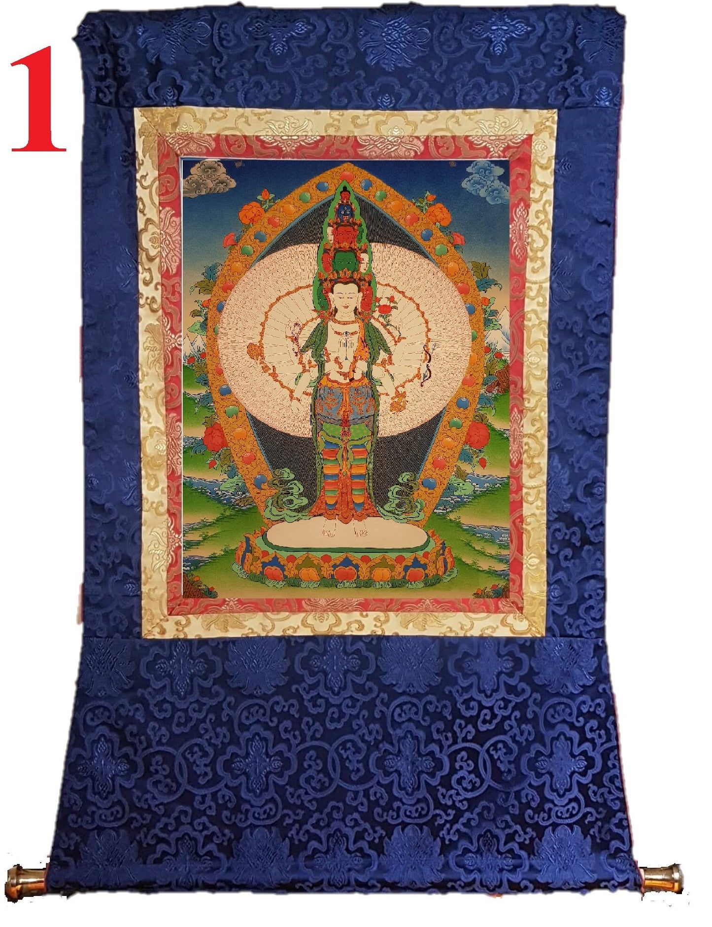 35. 1000 (Thousand) Arm Chenrezig Avalokiteshvara Thangka (Thanka). Free Brocade / Free Shipping.
