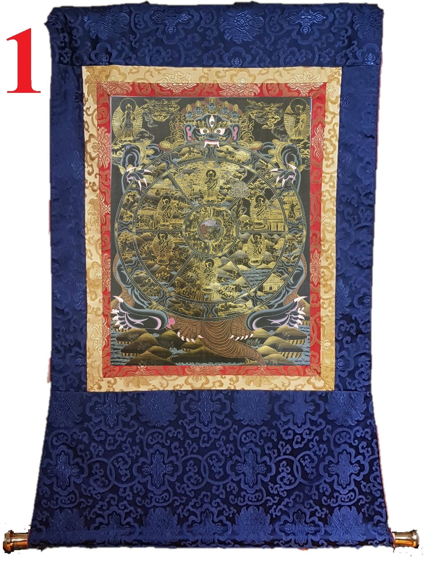 60. 15 Years Old Wheel of Life (Samsara) Thangka (Thanka) Painting with 24 K Gold. Free Brocade / Free Shipping.