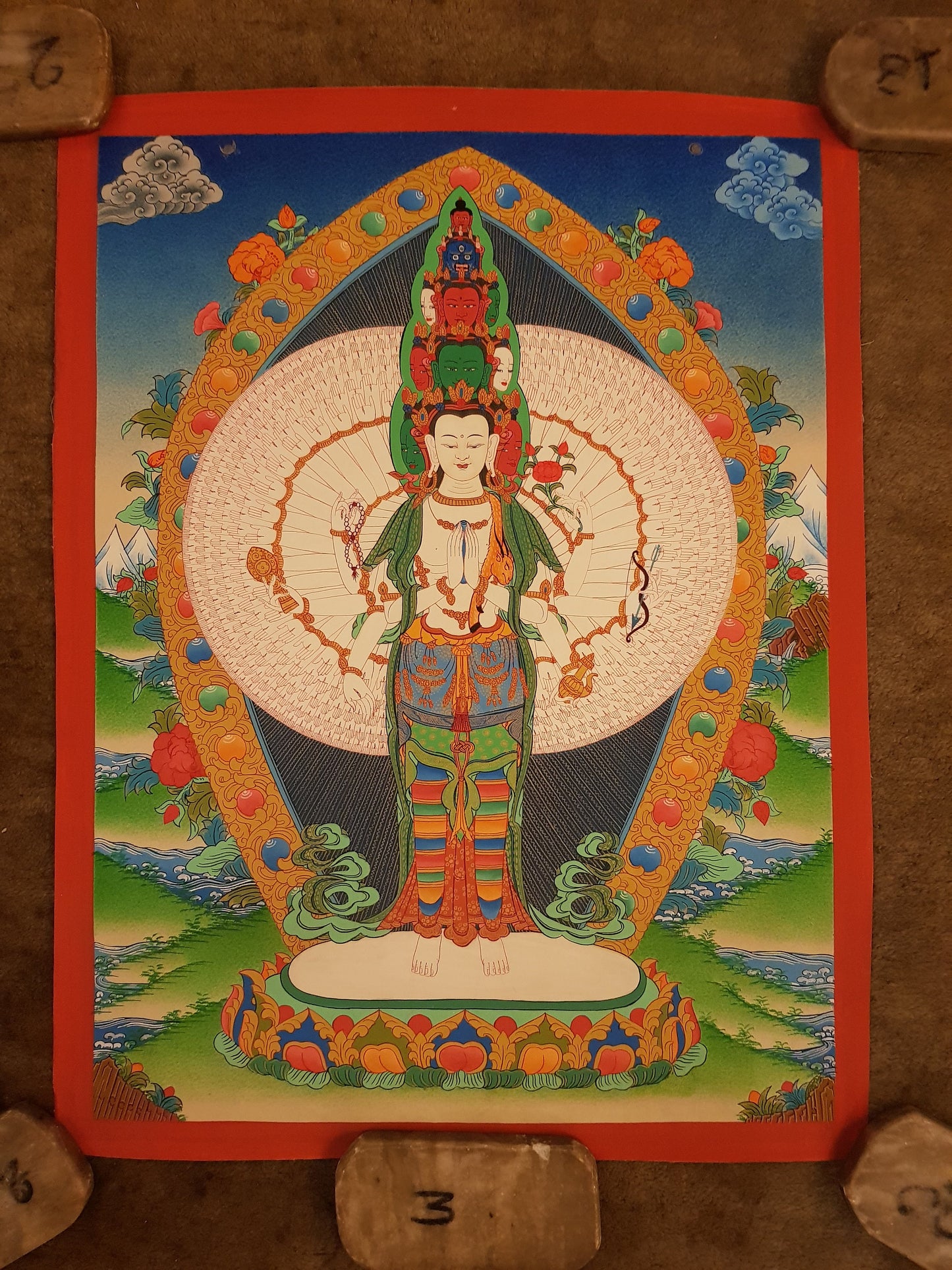 35. 1000 (Thousand) Arm Chenrezig Avalokiteshvara Thangka (Thanka). Free Brocade / Free Shipping.