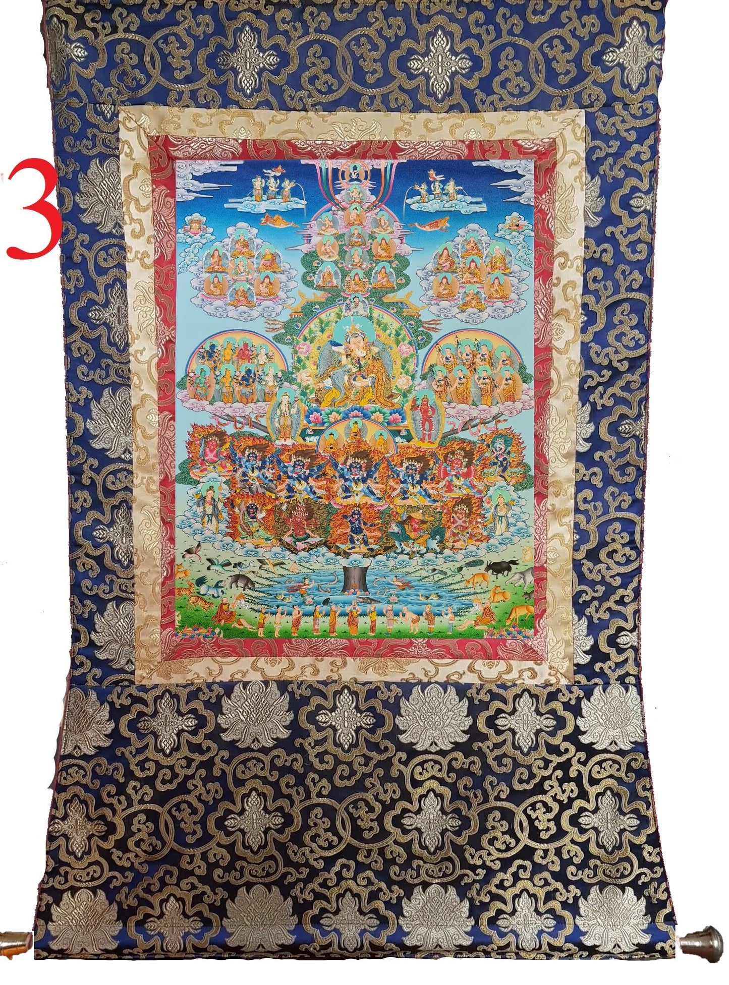 229. Nyingma Lineage Tree Longchen Nyingtik Thangka (Thanka) Painting with 24 K Gold. Free Brocade / Free Shipping.
