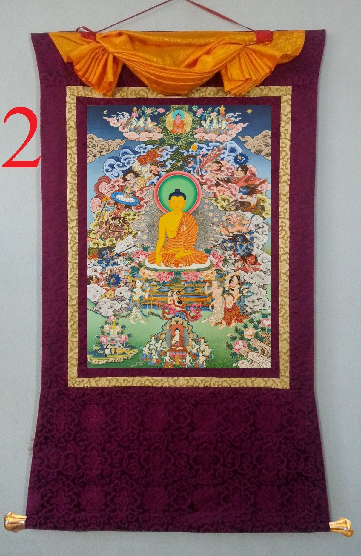 268. The Temptation of Buddha by Mara and his Three Daughters Thanka (Thangka). Free Brocade / Free Shipping.