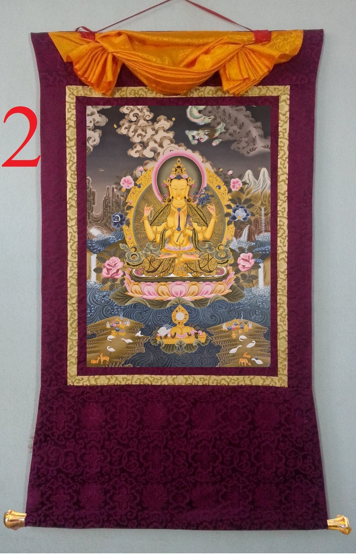 196. Chenrezig Thangka (Thanka). Free Brocade / Free Shipping.