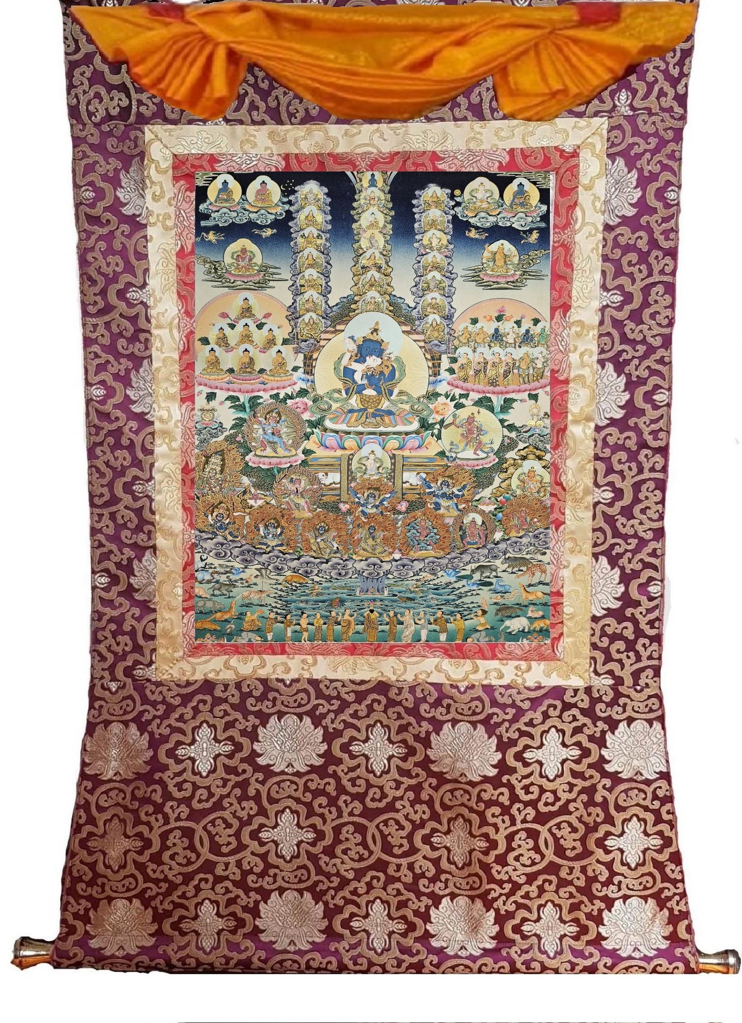 391. Nyingma Lineage Tree with Guru Orgyen Dorje Chang in the Center Thangka (Thanka) Painting with 24 K Gold. Free Brocade / Free Shipping.