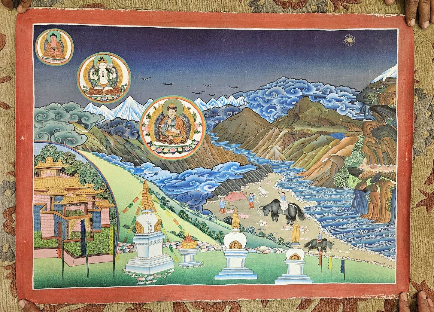328. Triratna (Guru Rinpoche, Amitabha, Chenrezig) Long Horizontal Thangka (Thanka). Free Shipping.