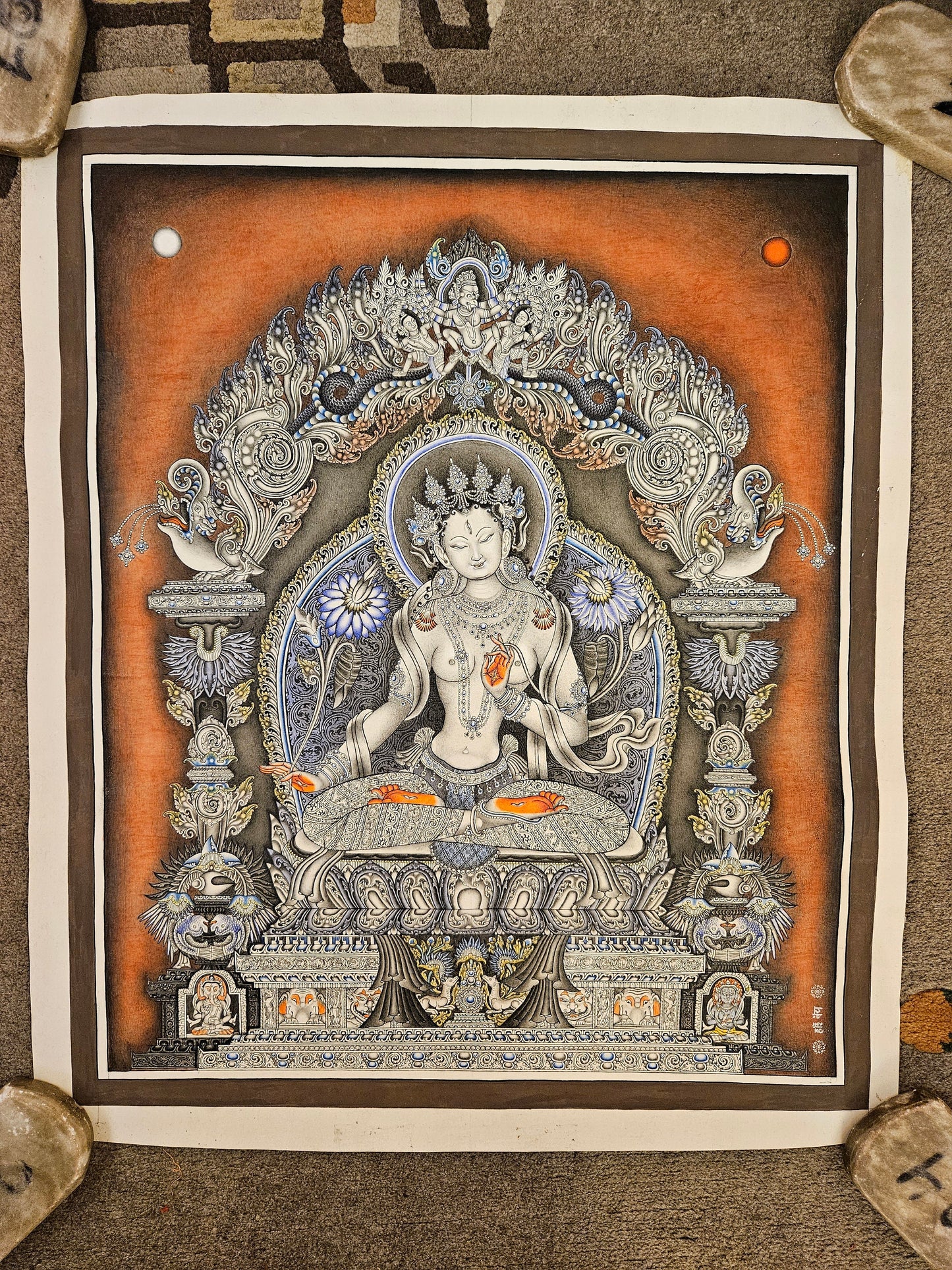308. White Tara Newari Style Art Painting Paubha. Signed by the Artist. Free Shipping.
