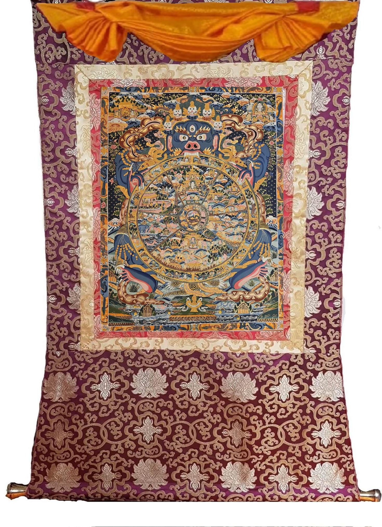 379. Large Wheel of Life (Samsara) Thangka (Thanka). Free Brocade / Free Shipping.