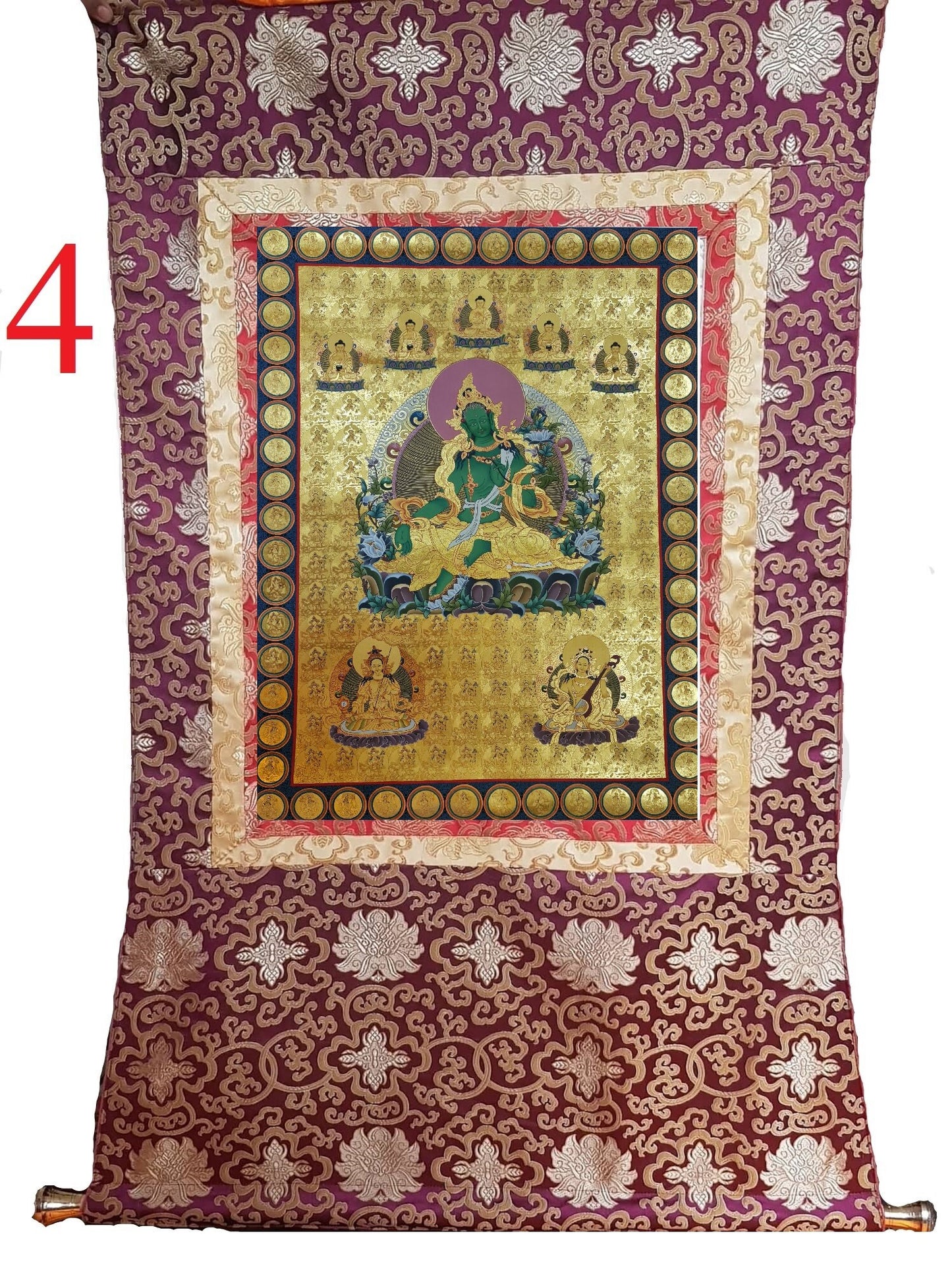 233. 108 Gold Green Tara Thangka (Thanka). Free Brocade / Free Shipping.