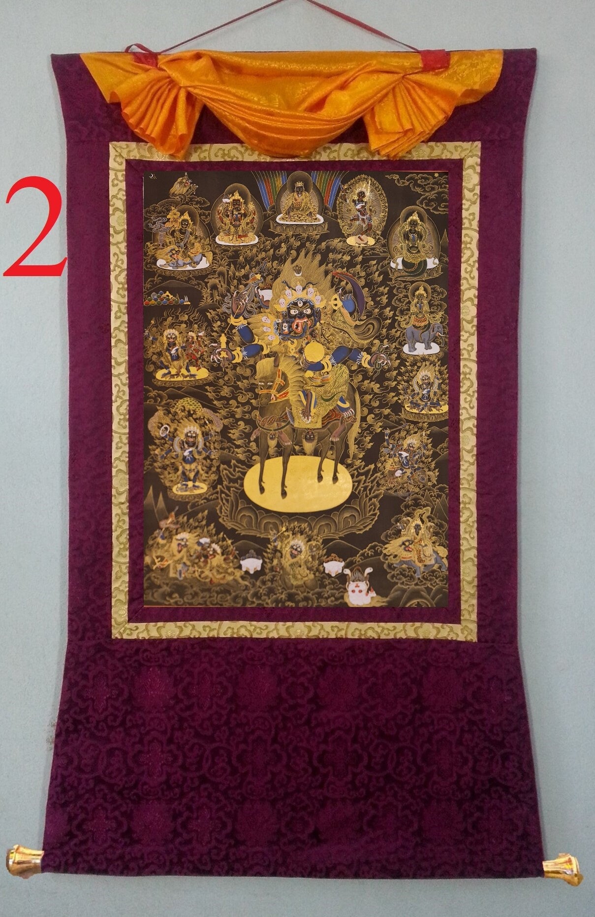276. Rangjung Gyalmo & Bernagchen Mahakala / Mahakali Consort Thanka (Thangka). Free Brocade / Free Shipping.