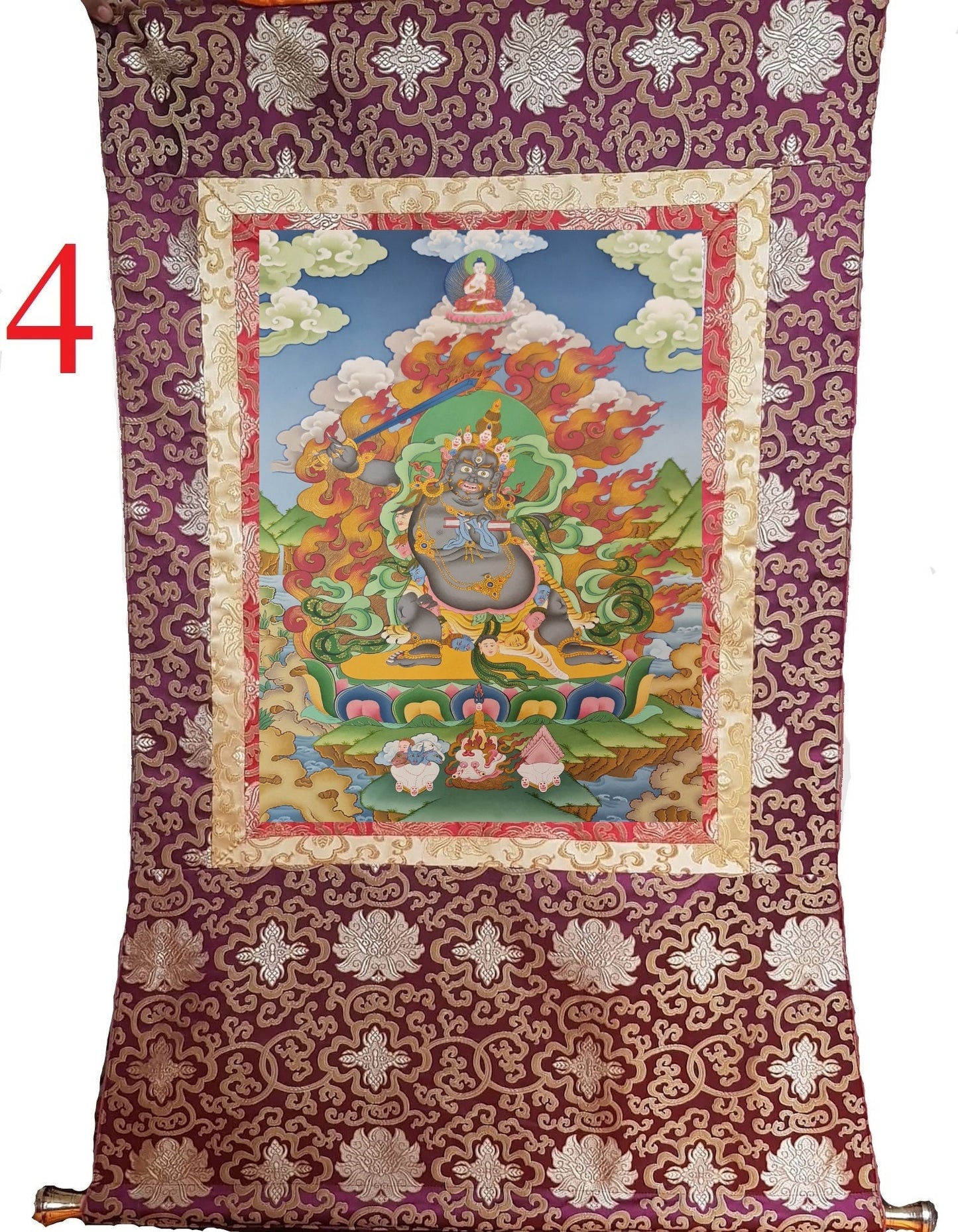 273. The Disease Specialist Black Manjushree (Manjushri) Thangka (Thanka). Free Brocade / Free Shipping.