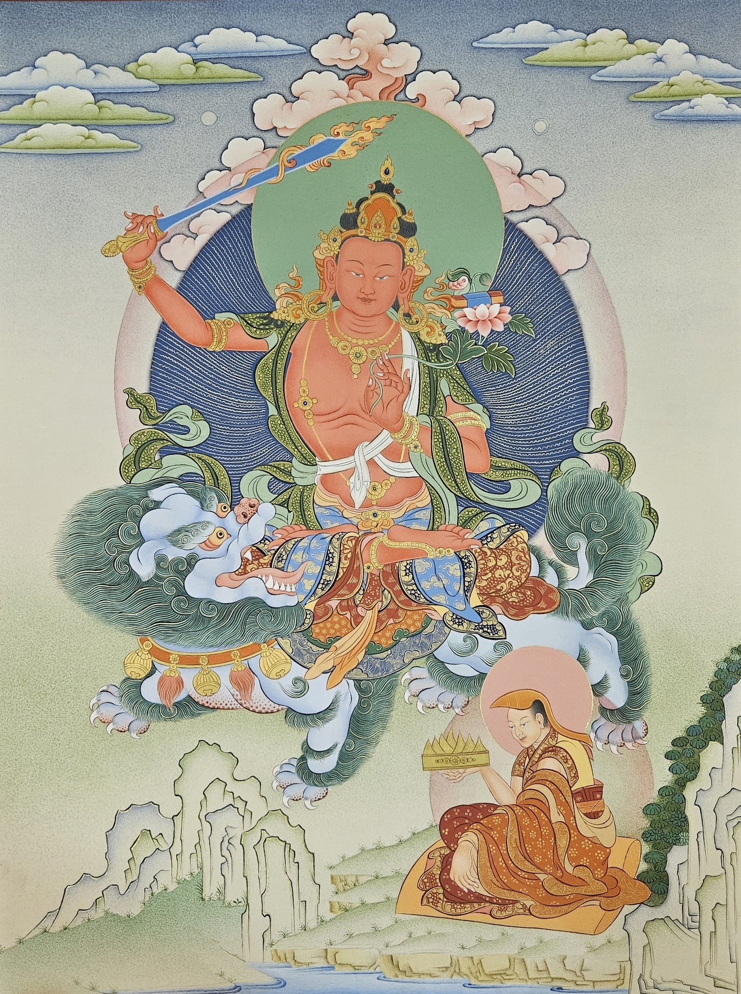 242. Red Manjushri Simhanada Thangka (Thanka). Free Brocade / Free Shipping.