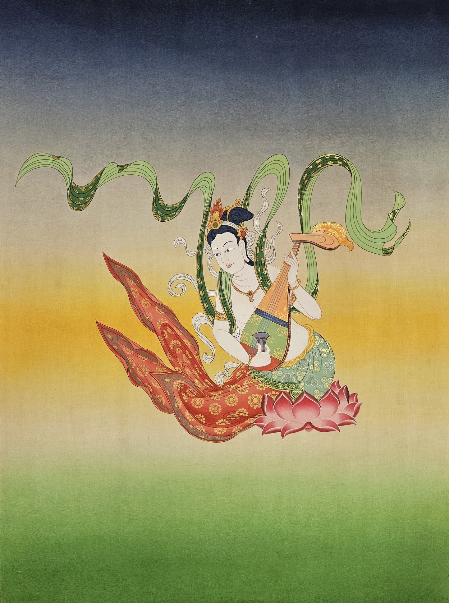 326. Saraswati (Saraswoti) Japanese Style Art Painting Thanka (Thangka). Free Shipping / Free Brocade.