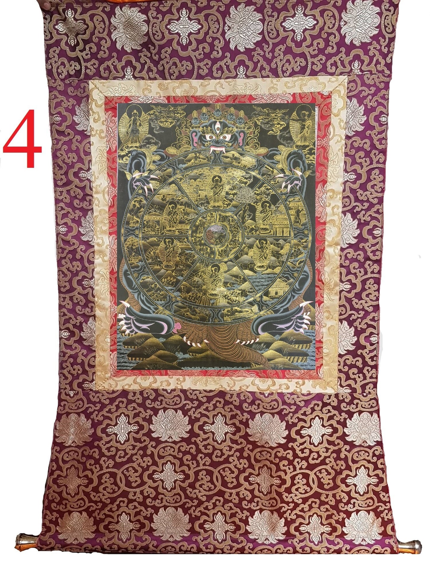60. 15 Years Old Wheel of Life (Samsara) Thangka (Thanka) Painting with 24 K Gold. Free Brocade / Free Shipping.