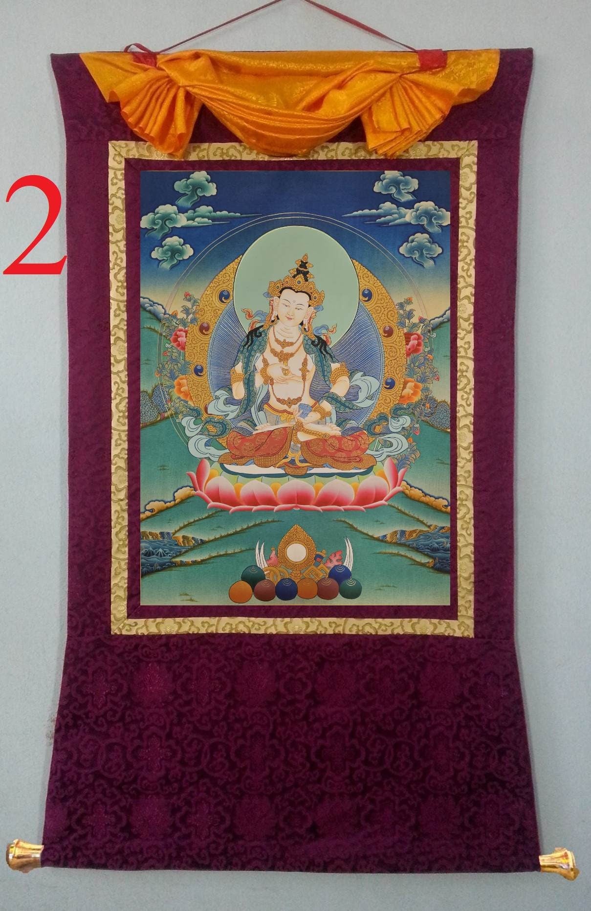134. Vajrasattva Tibetan Thangka (Thanka) Painting. Free Brocade / Free Shipping.
