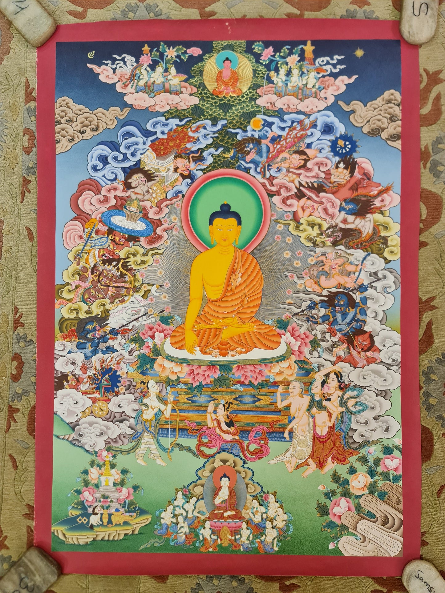 268. The Temptation of Buddha by Mara and his Three Daughters Thanka (Thangka). Free Brocade / Free Shipping.