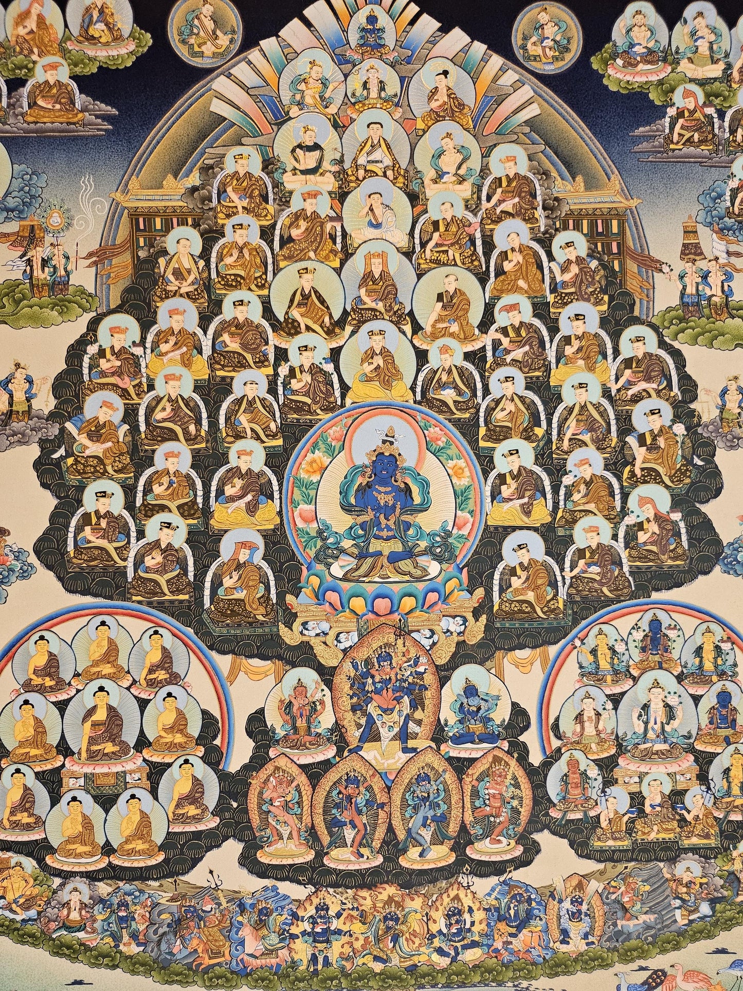 230. Karma Kagyu Lineage Tree Thangka (Thanka) Painting with 24 K Gold and Hand Loomed Khadi Brocade. Free Shipping.