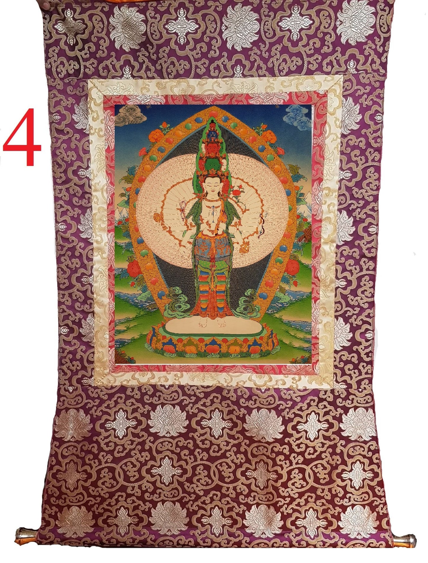 35. 1000 (Thousand) Arm Chenrezig Avalokiteshvara Thangka (Thanka). Free Brocade / Free Shipping.