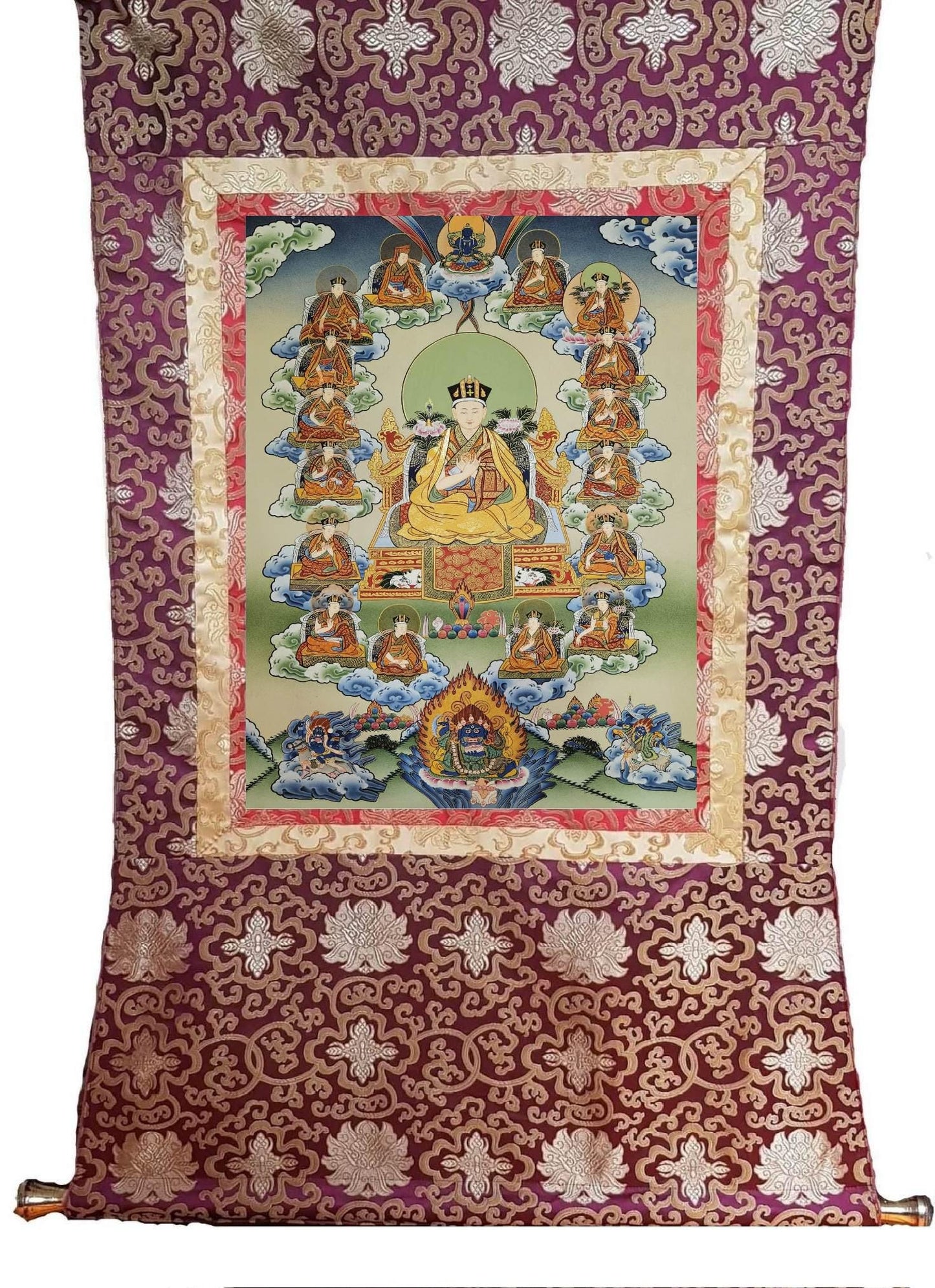 364. 16 Sixteen Gyalwa Karmapa in one Thangka Karma Kagyu. Free Brocade / Free Shipping.