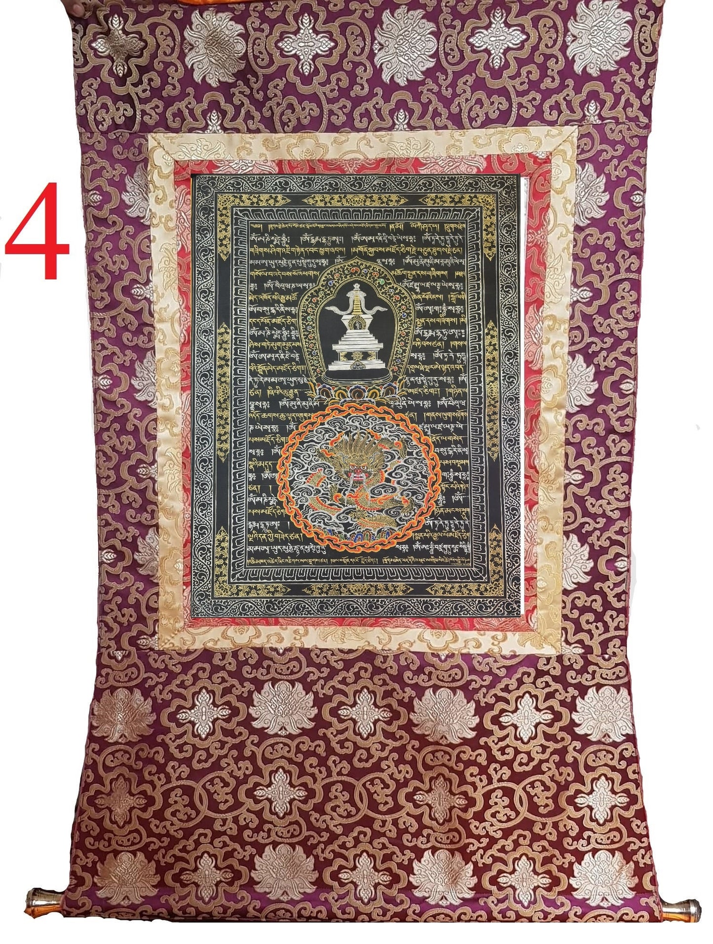 199. Mantra Thanka with Stupa and Dragon with 24K Gold. Free Brocade / Free Shipping.
