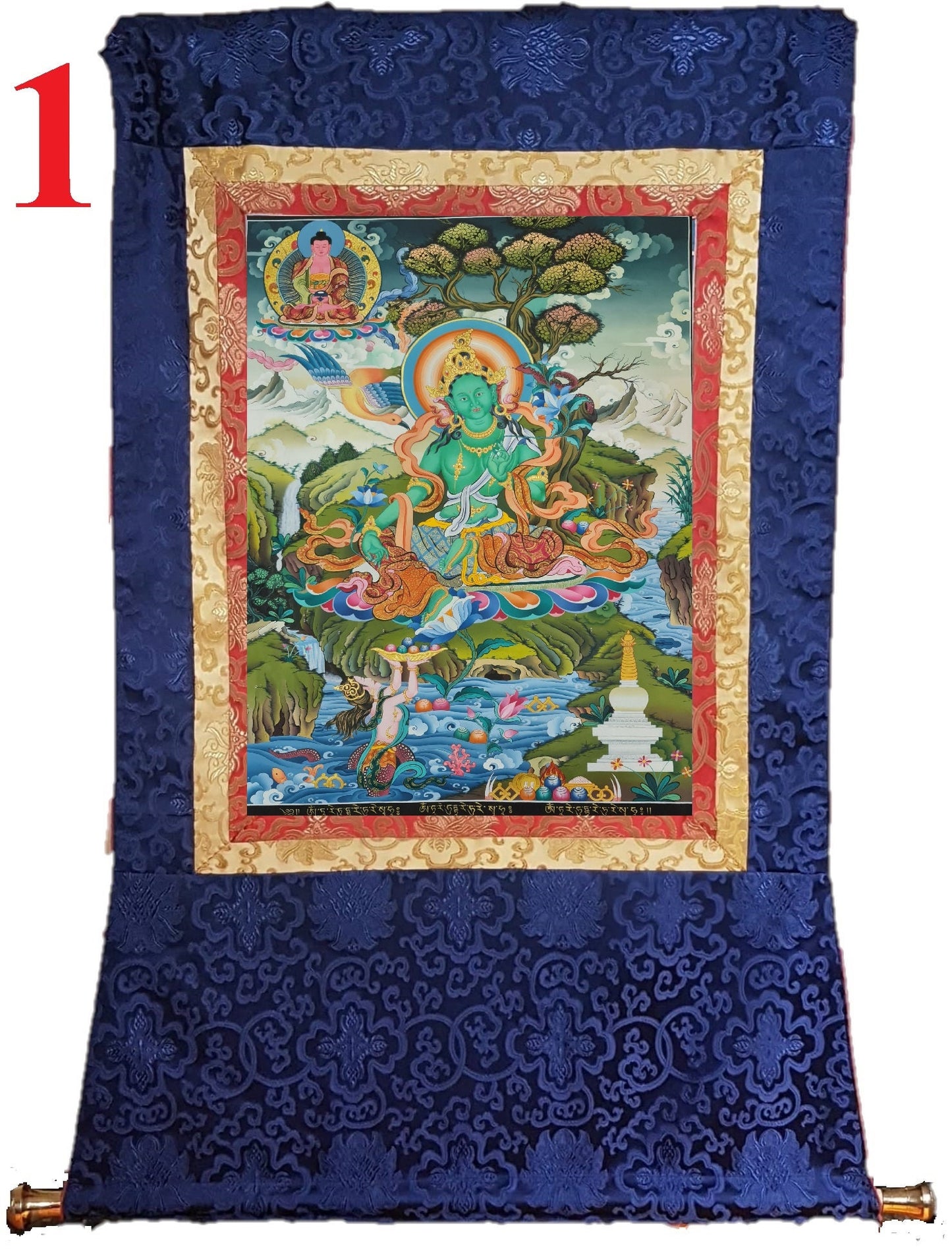 203. Green Tara Thangka (Thanka). Free Brocade / Free Shipping.