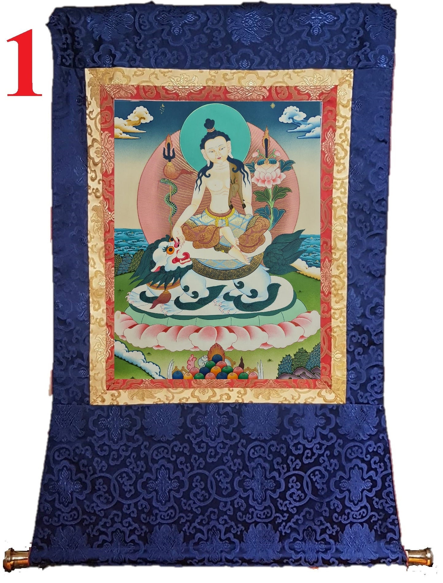 122. Simhanada Avalokiteshvara (Lokeshwor) Thangka (Thanka). Free Brocade / Free Shipping.