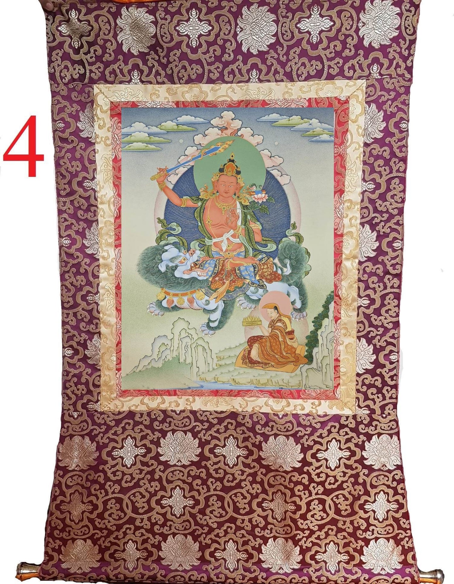 242. Red Manjushri Simhanada Thangka (Thanka). Free Brocade / Free Shipping.