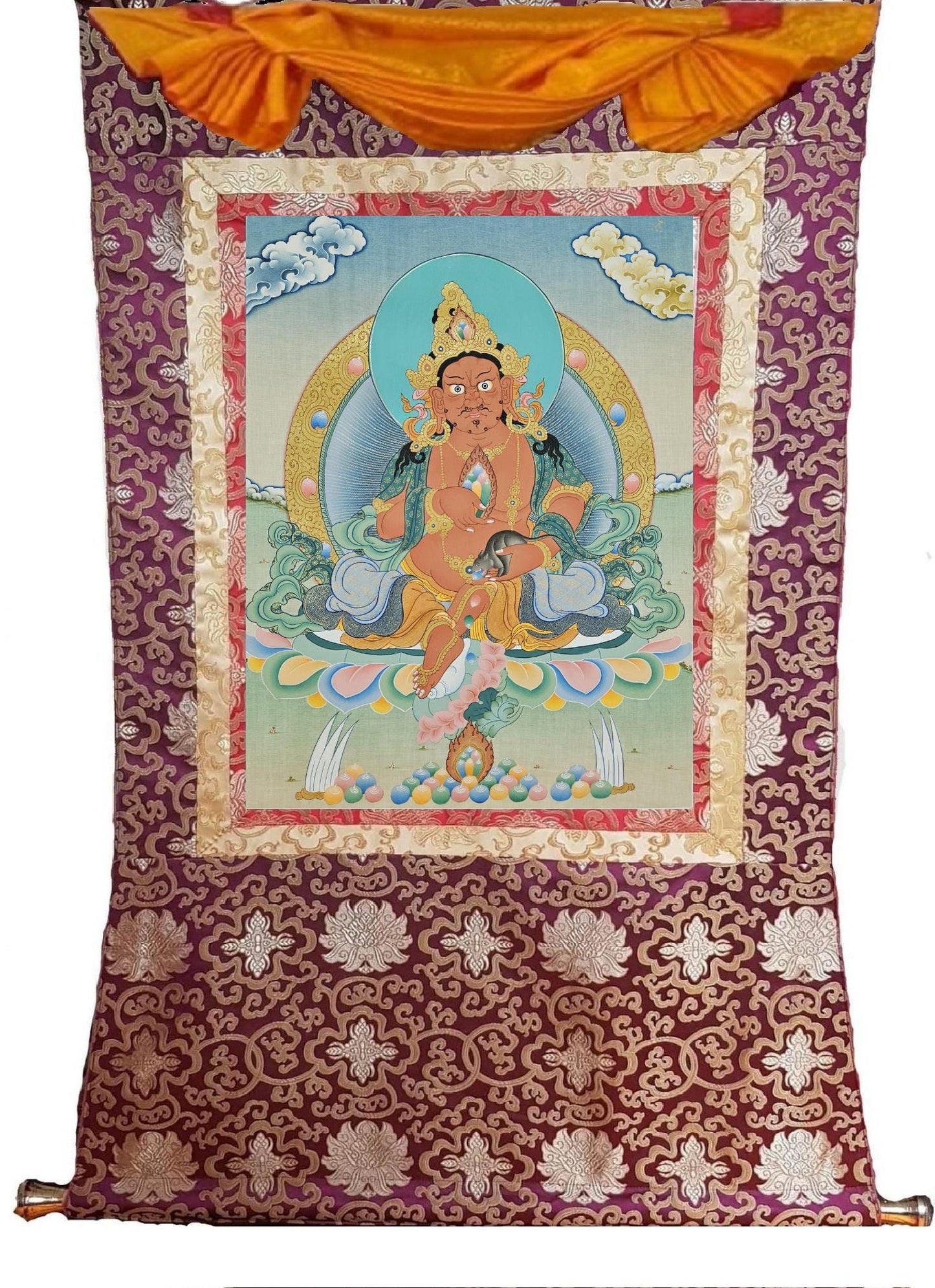 397. Red Jambhala or Zambhala Thangka (Thanka). Free Brocade / Free Shipping.