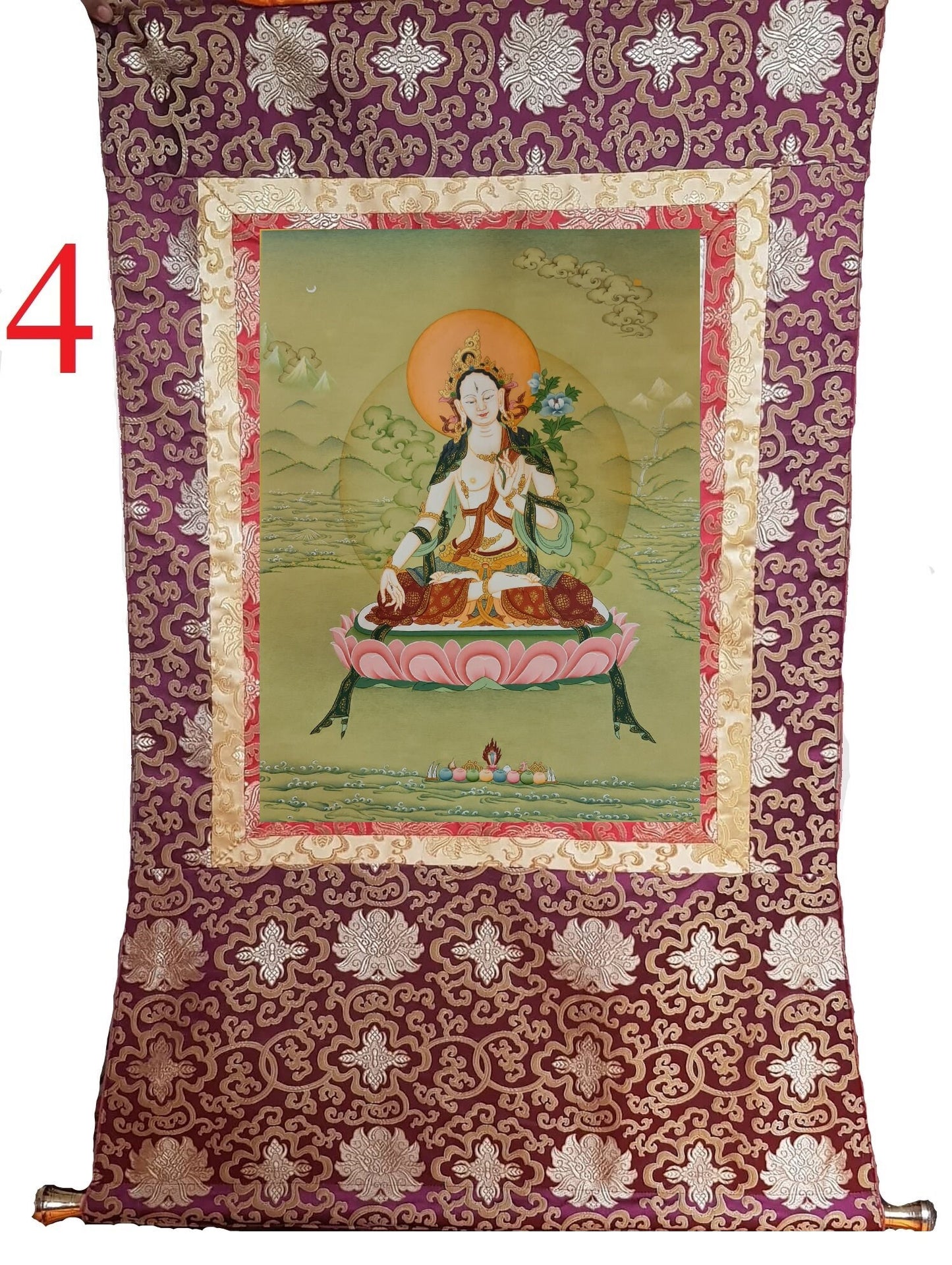 228. Karma Gadri White Tara Thangka (Thanka). Free Brocade / Free Shipping.