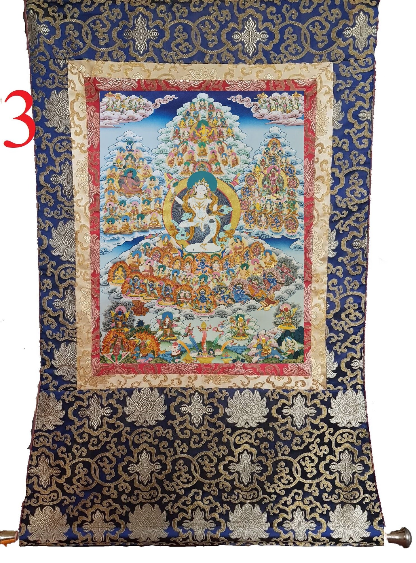 232. Machig Labdron Lineage Tree Thangka (Thanka) Painting with 24 K Gold. Free Brocade / Free Shipping.