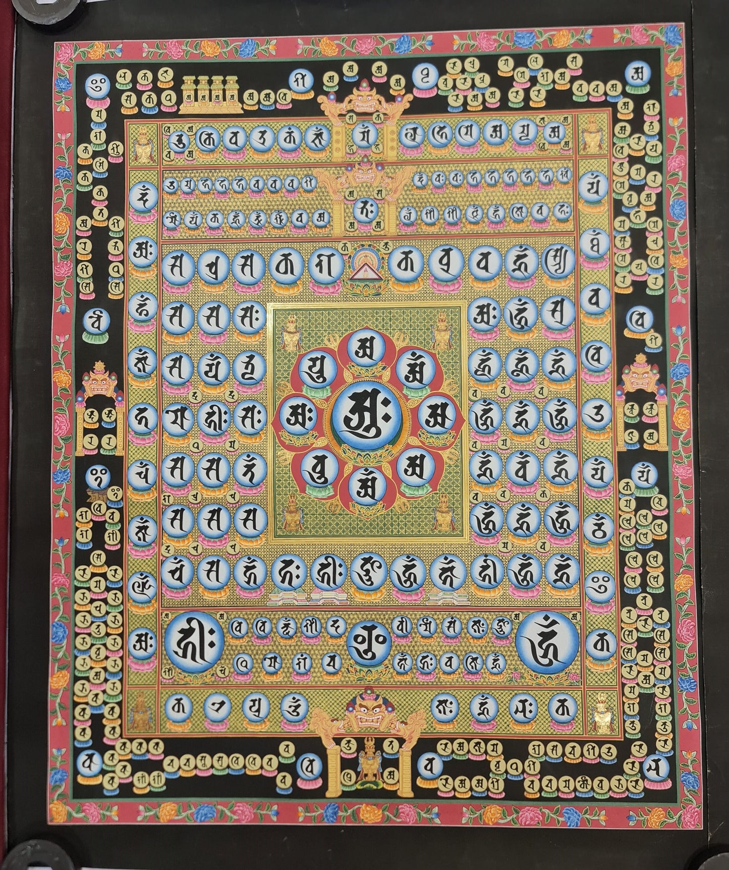 292. Ryokai (Roukai) Womb World Dharma Dhatu and Vajra Dhatu Mandala Thanka (Thangka) with Sanskrit Letters. Free Shipping.