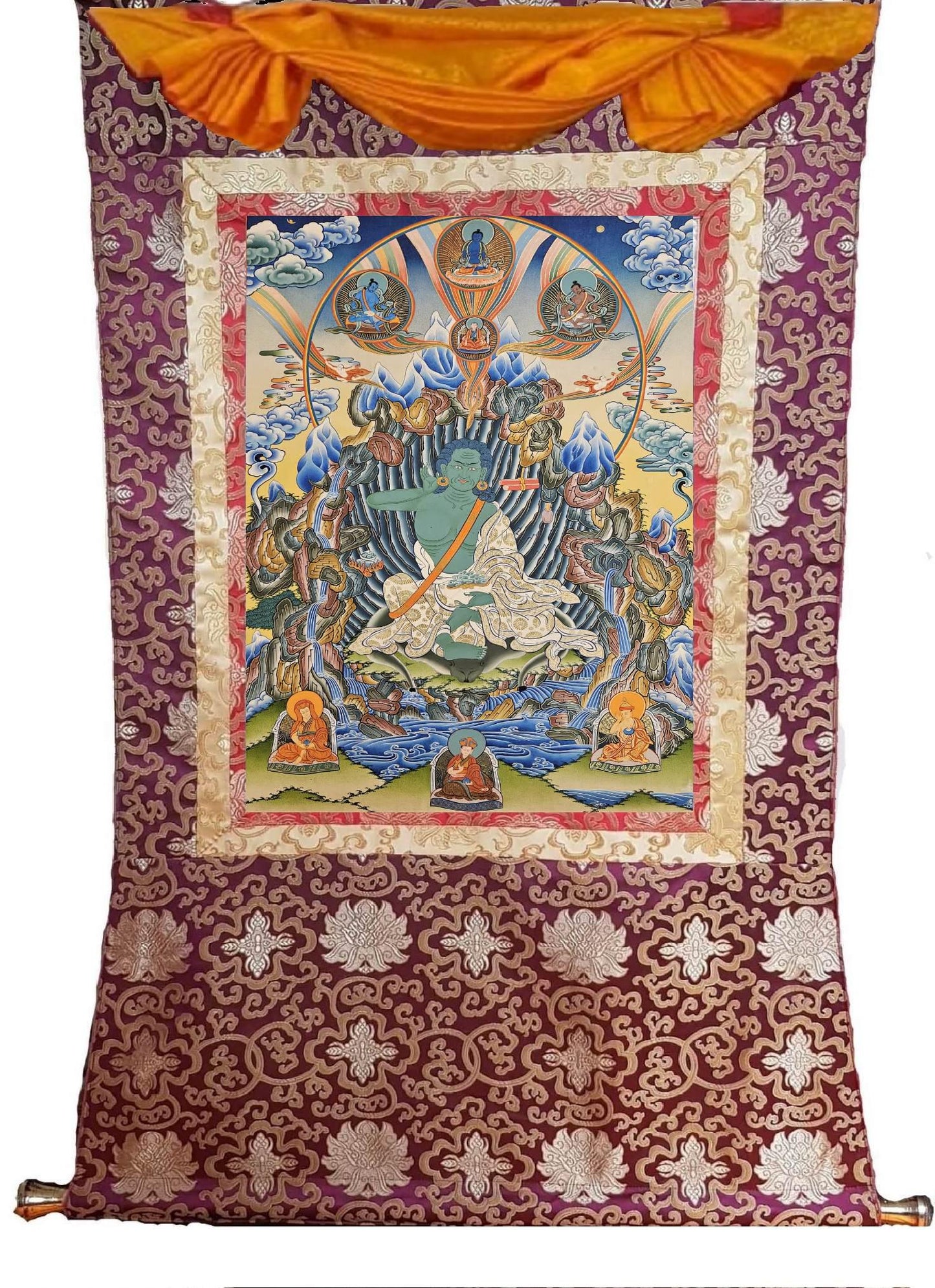 338. Milarepa with Kagyu Masters Thangka (Thanka). Free Brocade / Free Shipping.