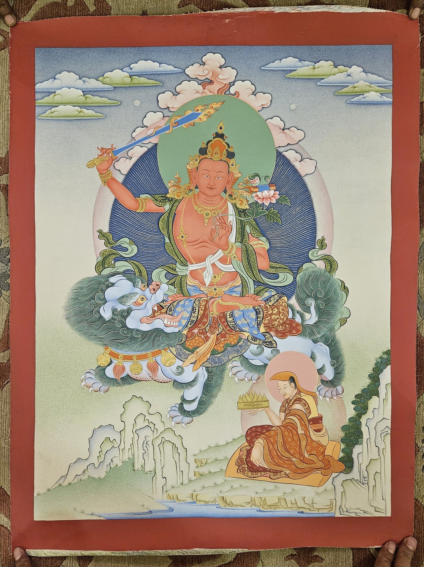 242. Red Manjushri Simhanada Thangka (Thanka). Free Brocade / Free Shipping.